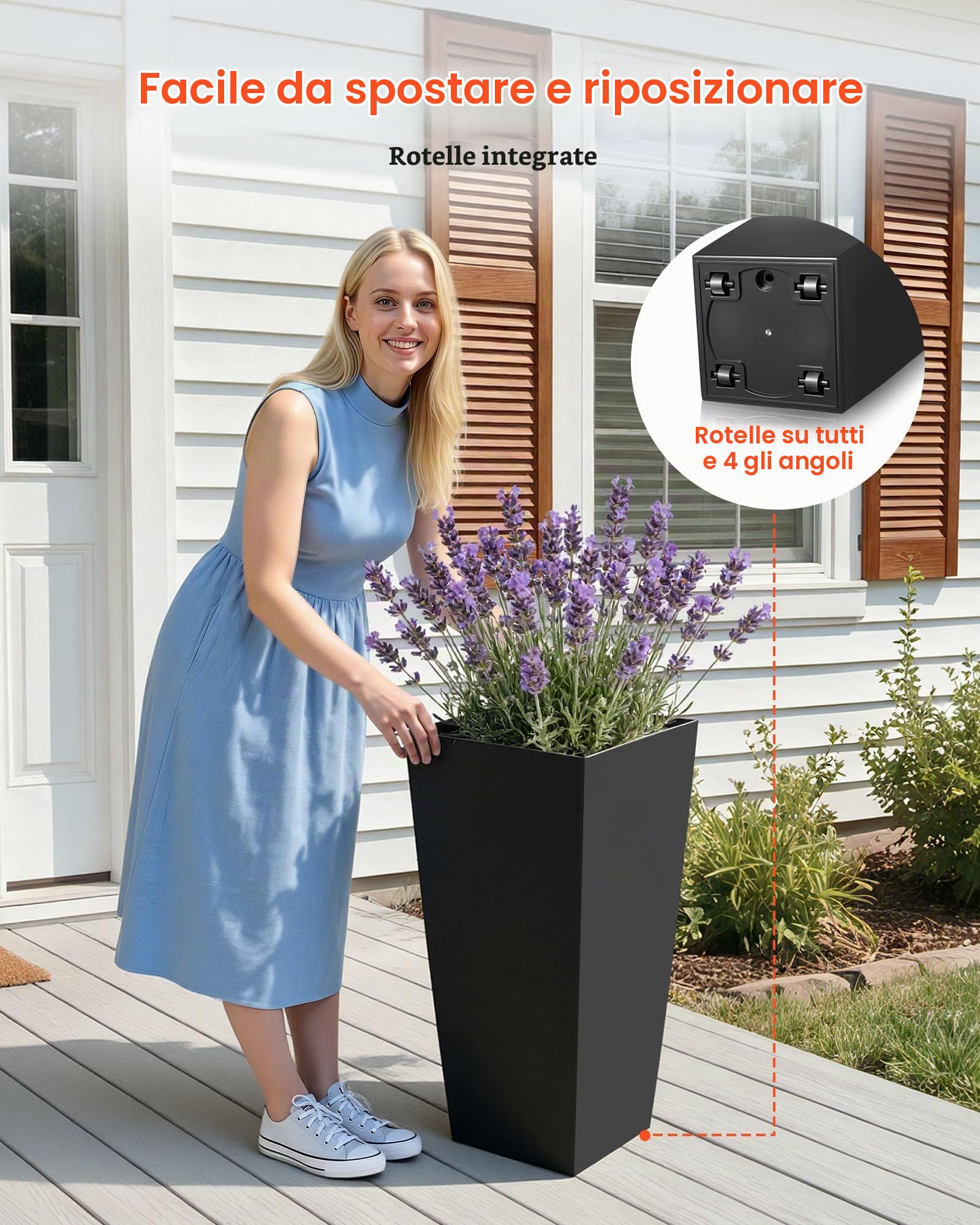 VEVOR Set di 2 Vasi da Fiori Alte 665 mm, Grandi Fioriere per Piante da Interno ed Esterno, Vasi Decorativi Moderni in Plastica per Portico con Rotelle, con Fori di Drenaggio per Patio e Giardino Nere