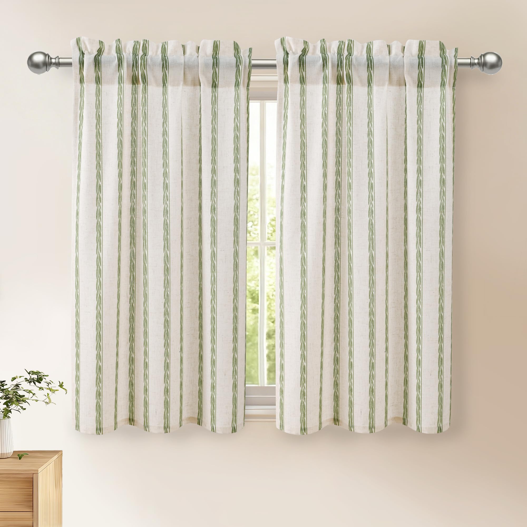 DWCN Short Kitchen Curtains 45 Inch Drop, Rod Pocket Small Window Curtains for Basement, Half Window, Cupboard Base, Cafe Curtain Tiers, W26 x L45, Green Wheatears, 2 Panels