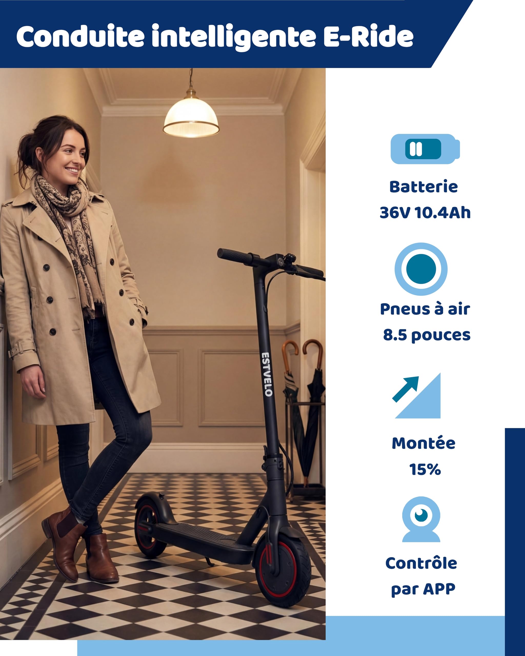 Trottinette Électrique Adulte, Moteur 500W (Pic), Batterie 36V 10.4Ah, Autonomie 30km, Pneus Gonflables, Double Freinage, Scooter Pliable et Portable