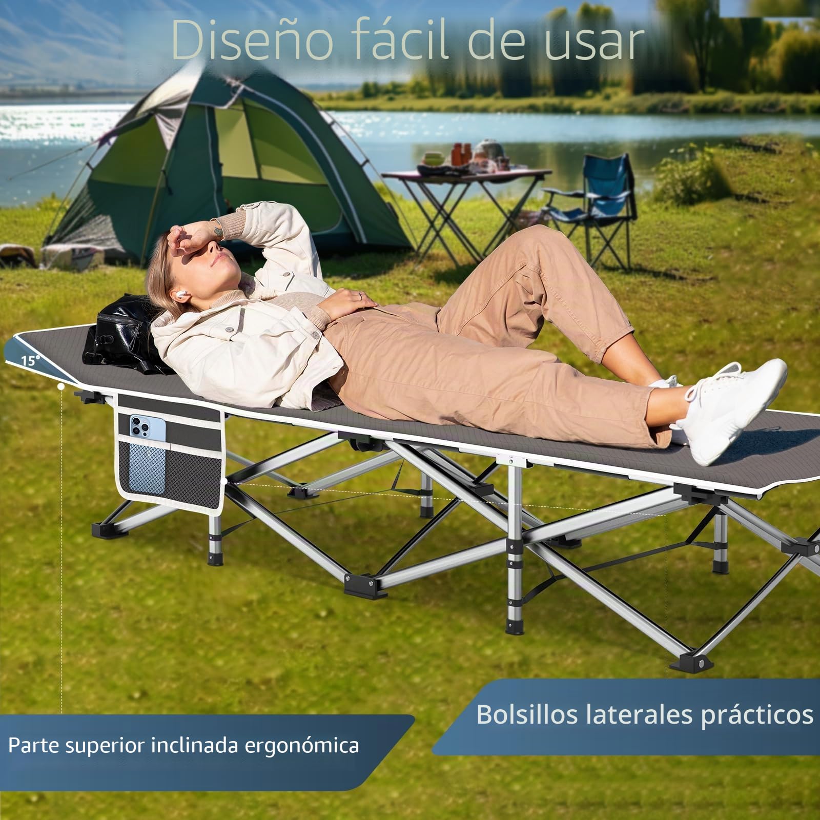 Cama de Camping para Adultos con cojín cómodo: Cama Plegable con colchón, Cuna de Camping portátil y compacta con Bolsa de Almacenamiento para Dormir, para Viajes al Aire Libre