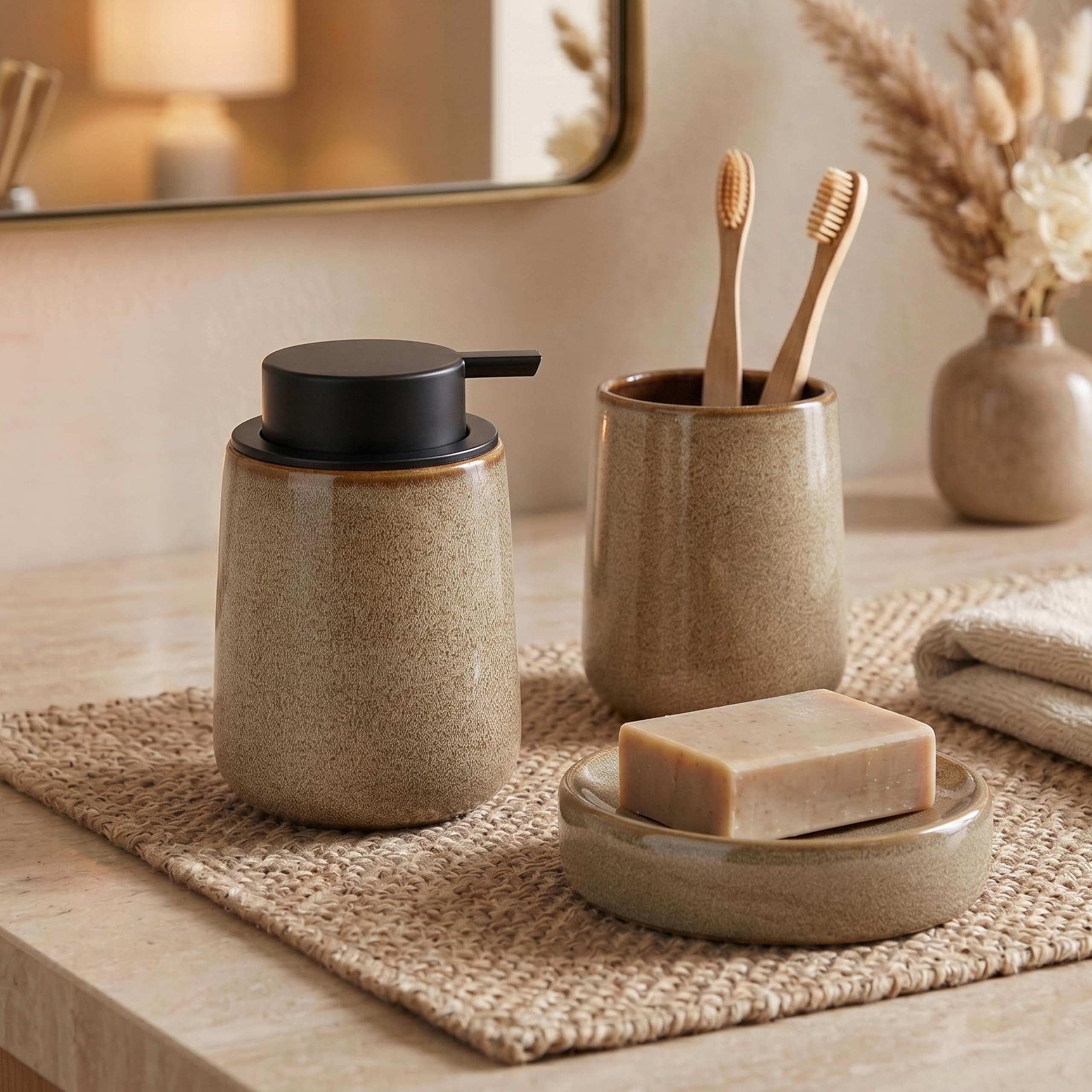 Birch & Co. Premium Handwash Dispenser - Liquid Soap Dispenser for Wash Basin - Ceramic Soap Dispenser - 400 ml Soap Dispenser, Toothbrush Holder & Soap Dish, Modern Countertop Organizer,SandBeige-image-9