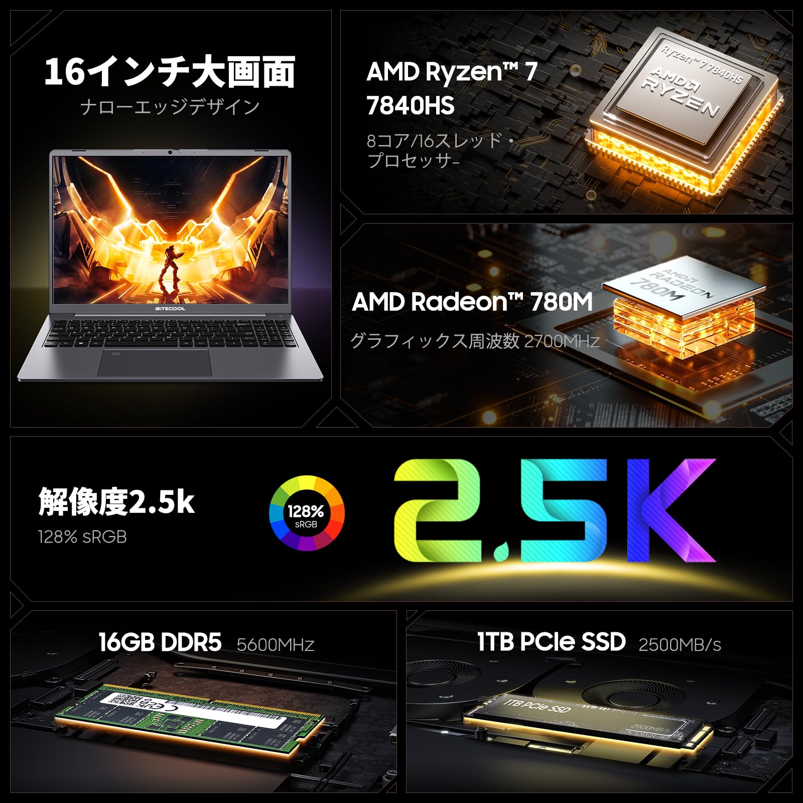 Amazon.co.jp: BiTECOOLノートパソコン 16インチ大画面 Ryzen7 7840HS  
