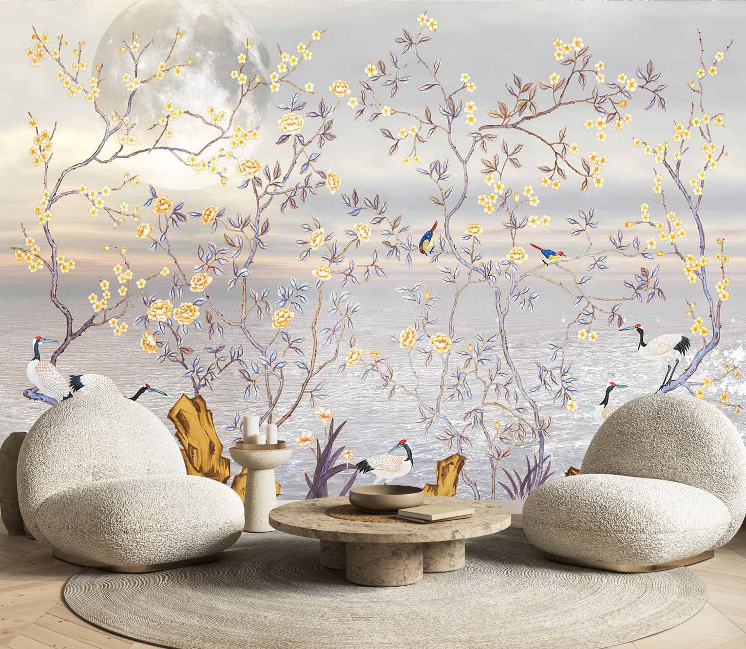 Flowers and Birds Wallpaper Riverside Landscape Wall Mural with Crane and Moon for Bedroom Living Room(Not Self-Adhesive)