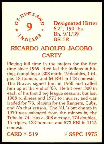 Miniatura 2 de 1975 SSPC # 519 Rico Carty Cleveland Indians (Baseball Card) NMMT Indians