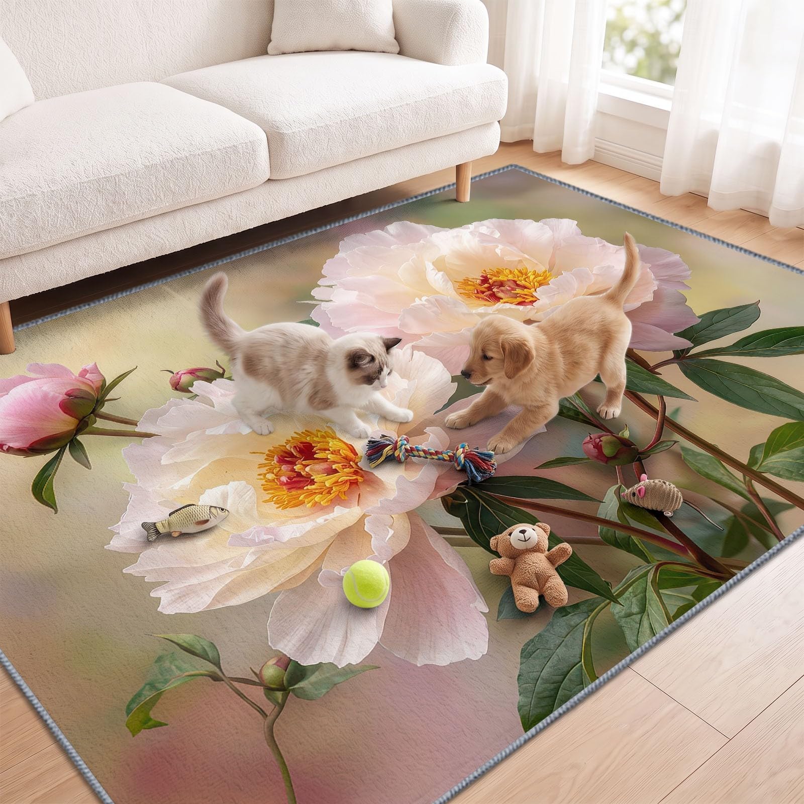 Générique Fleur Rouge Feuille Verte Tapis 140x200 cm Lavable en Machine, Floral Nature Tapis AntidéRapant Doux Poil Ras, pour Salon, Chambre et Salle à Manger