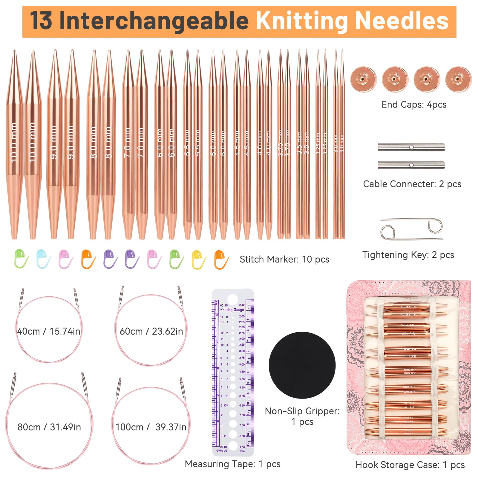 Aeelike Austauschbares Stricknadel-Set, 13 Paar Aluminium-Rundstricknadeln (3,0 mm - 10,0 mm) mit 4 flexiblen Kordeln für Spitzensocken und sperrige Projekte, Reise-Weberei, Geschenk-Set