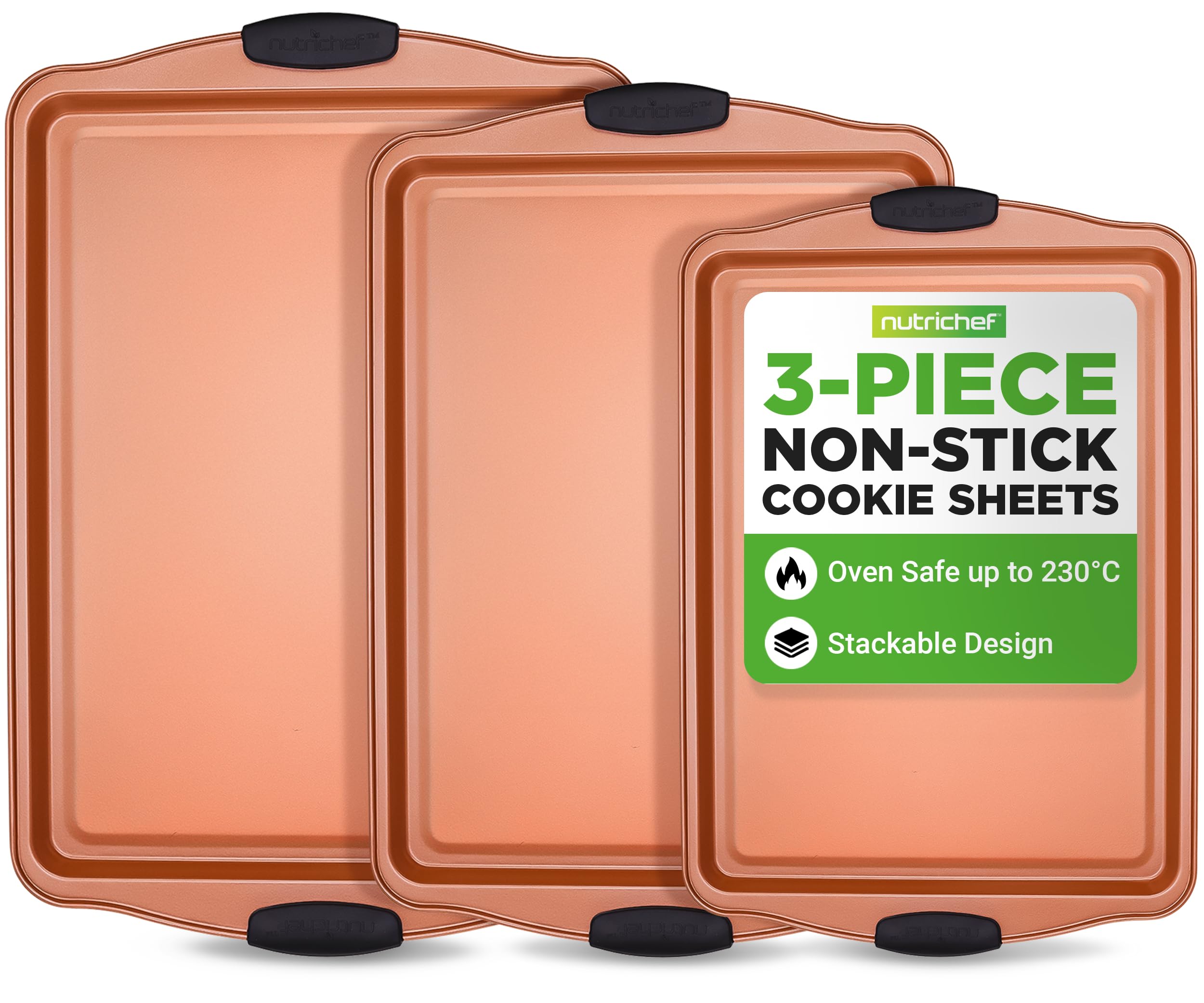 NutriChef Non-Stick Baking Tray Set 3-Piece, Stackable Carbon Steel Oven Trays, Cookie Sheet, Copper Bakeware with Black Silicone Handles, Space-Saving Kitchen Pans