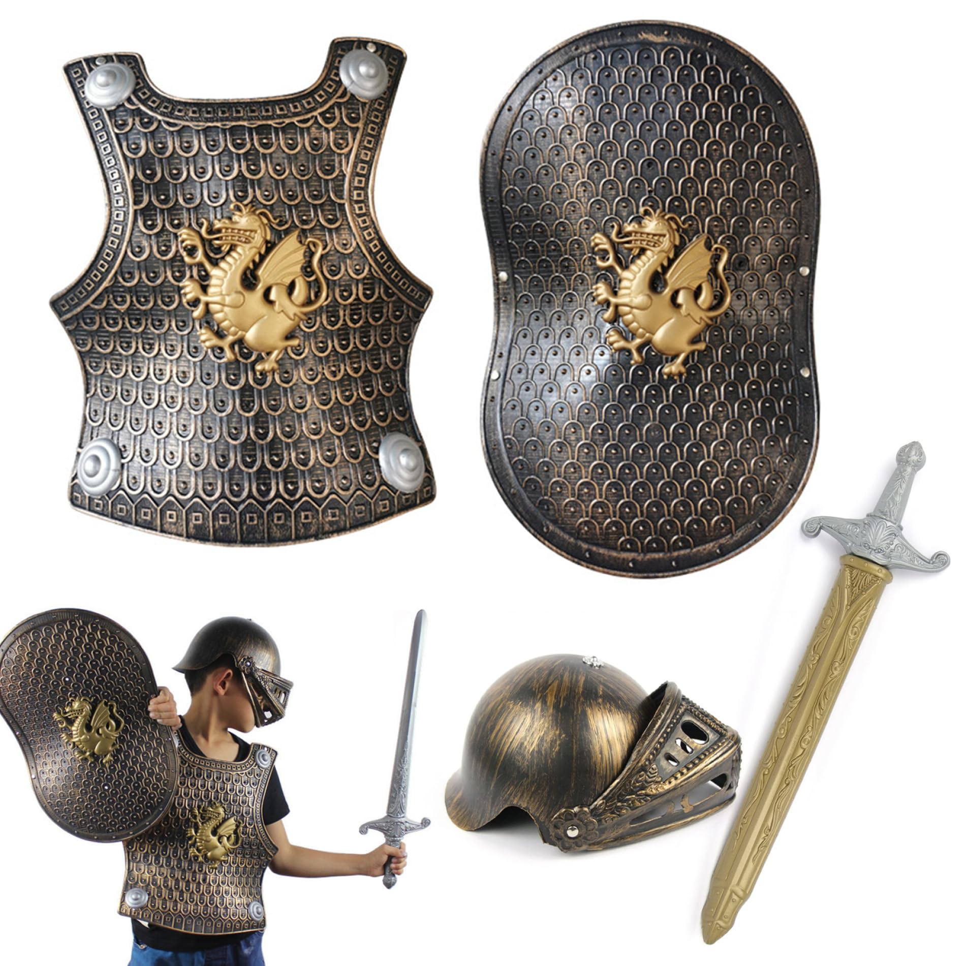 NIDONE Kids Knight Costume, 4Pcs Plastic Knight Armor Set, Medieval Helmet Sword Shield Dress Up Role Play for VBS Themed Party