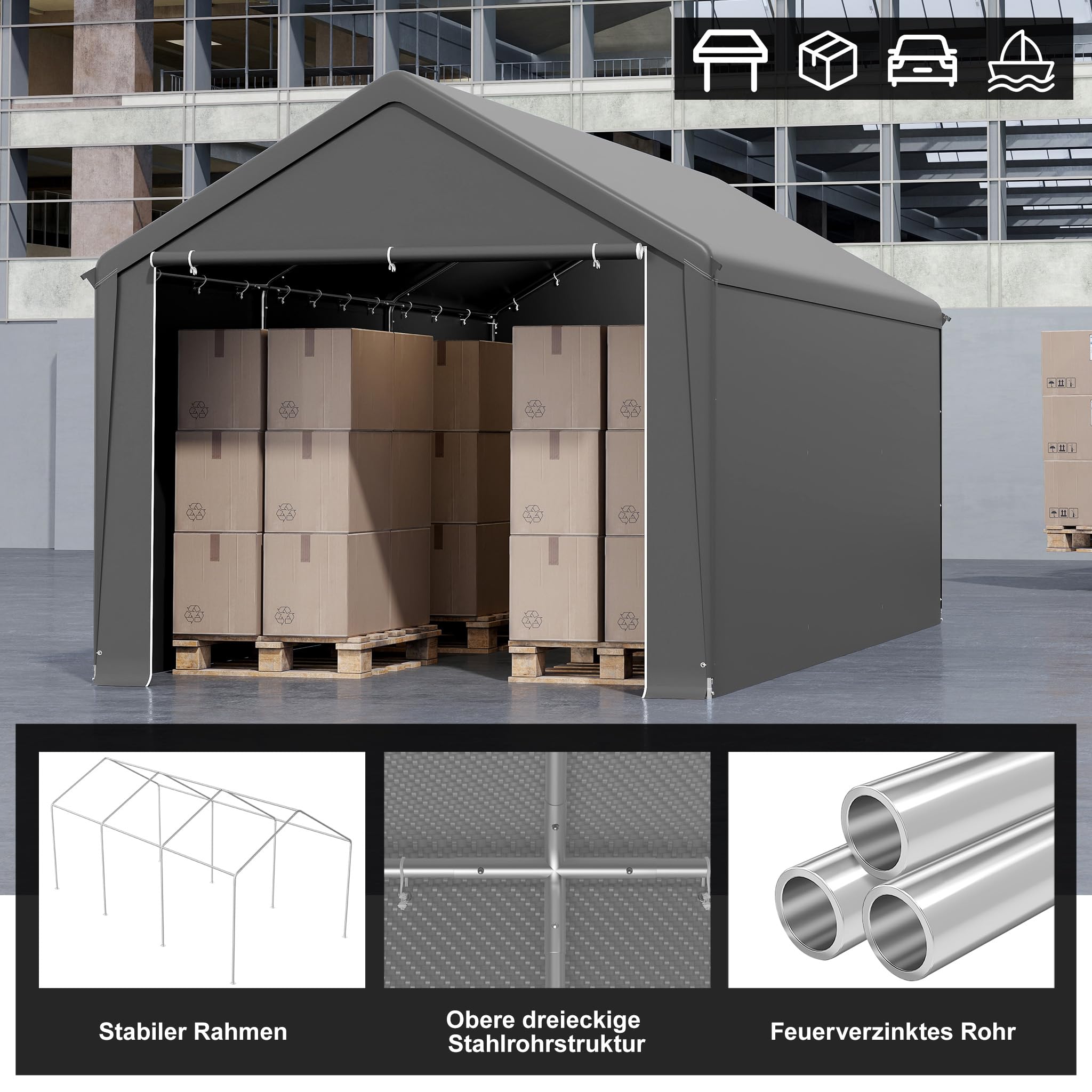 Aufun Carport Zeltgarage 3x6m, Wasserdichtes Lagerzelt mit PE-Dach, Reißenresistenter Garagenzelt mit abnehmbaren Seitenwänden, UV-beständig Winterfest Unterstand für Auto, SUV, LKW, Boot, Grau