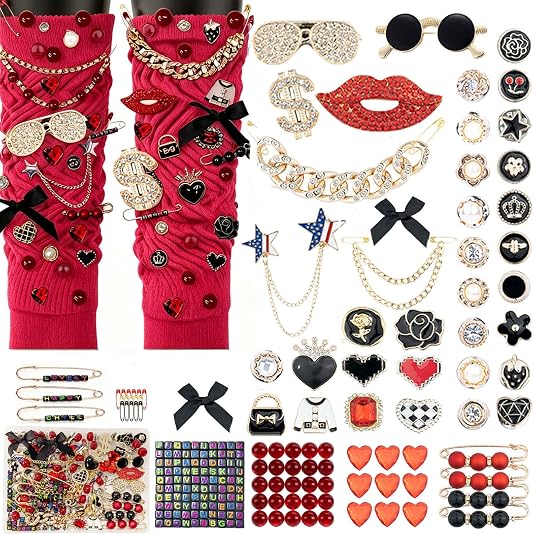 MINGRI Junk Socks Charms Kit Red Black,195 Pcs Shoes Charm for Sneakers,Brooches and Pin for Women with Letter,Safety Hat Pin for Women Gift Rhinestone Junk Charm with Pearl Chain