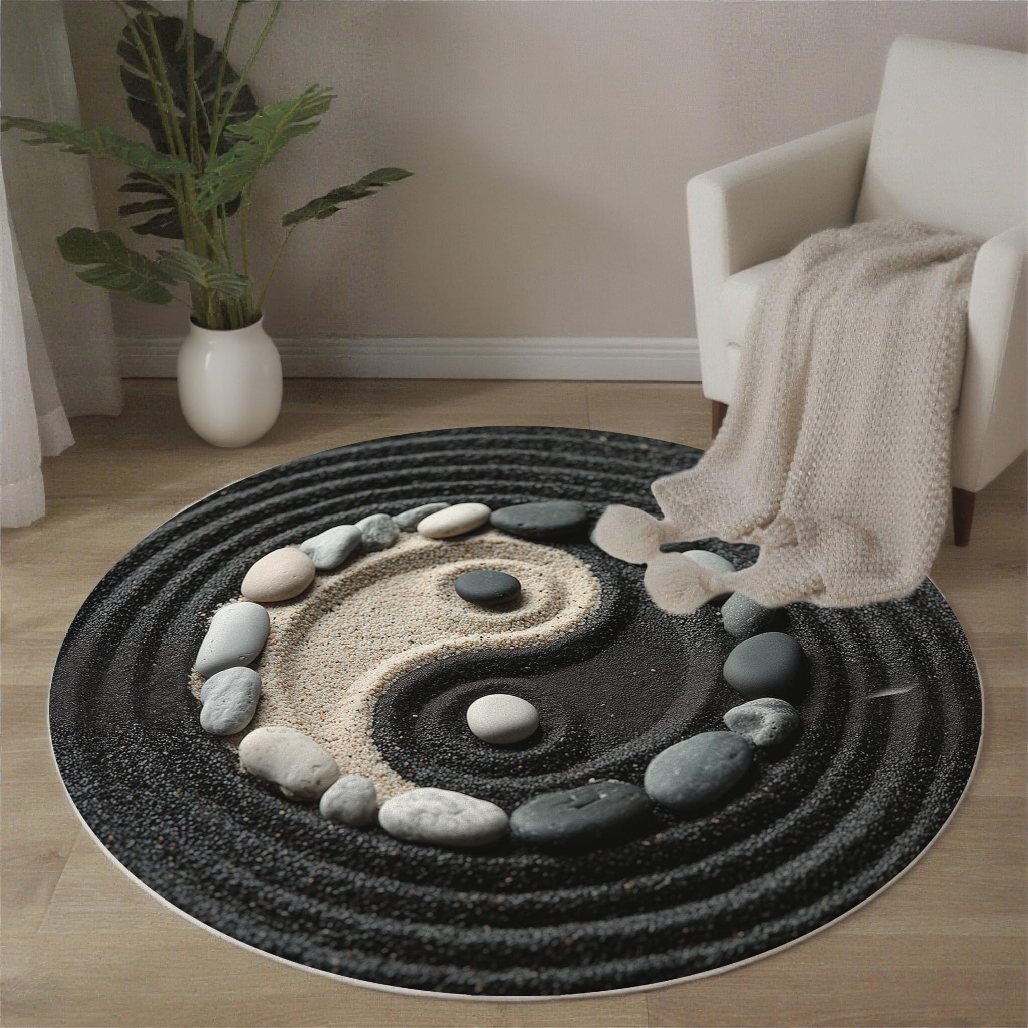 Tapis rond Tai Chi de 120cm noir et blanc lavable pour salon