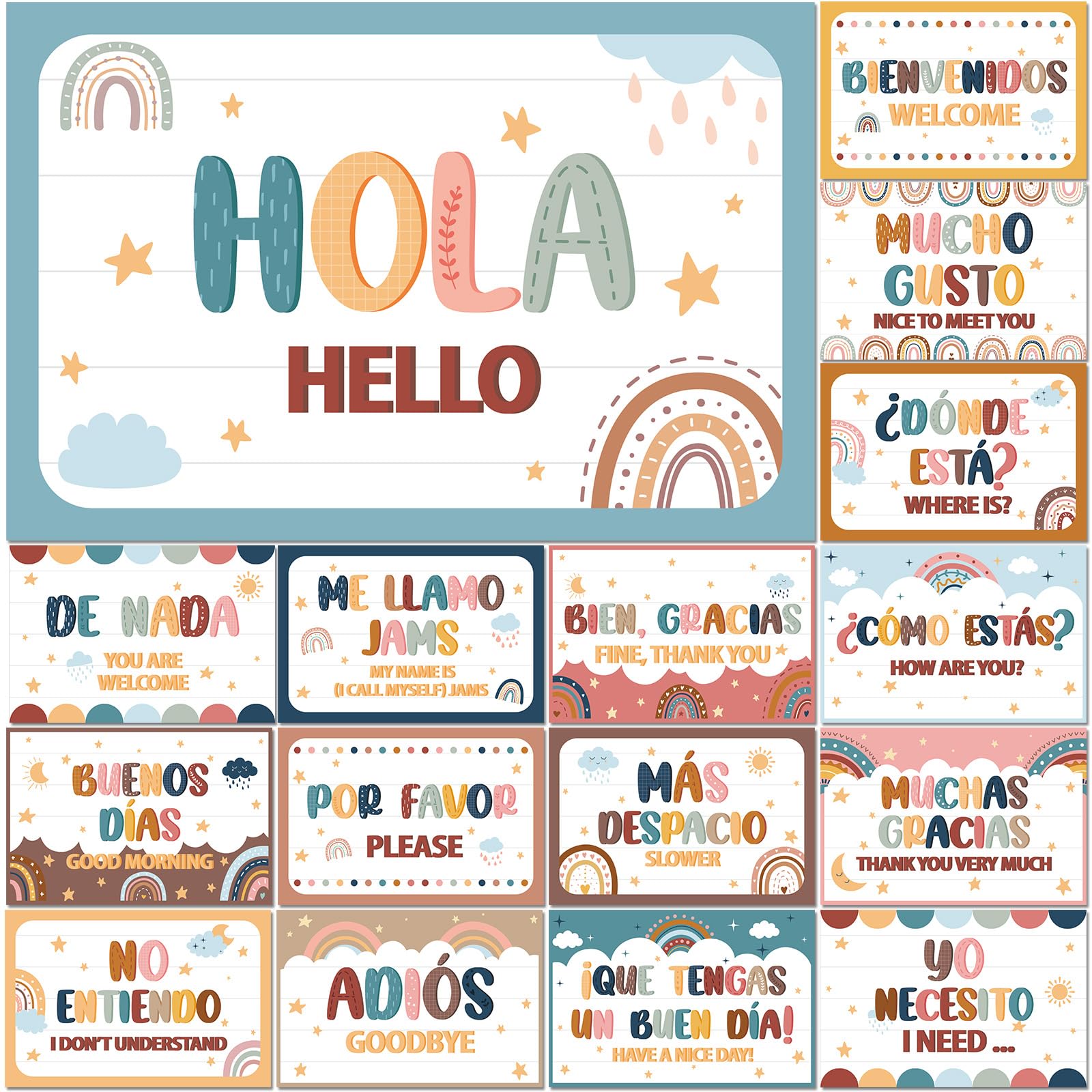 gisgfim 16 Pcs Spanish Words & Phrases Poster Set - Bulletin Board Study & Classroom Decoration (Boho)