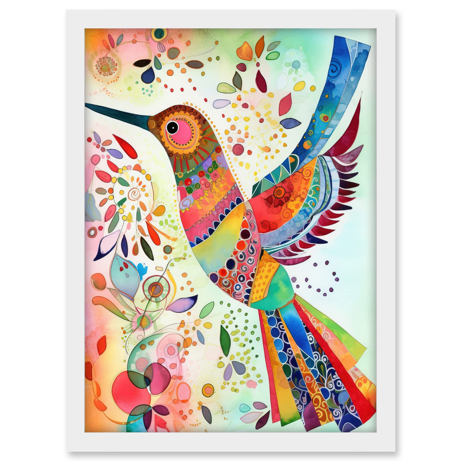 Artery8 Hummingbird With Multicolour Pattern Feathers Folk Art Watercolour Painting Artwork Framed A3 Wall Art Print