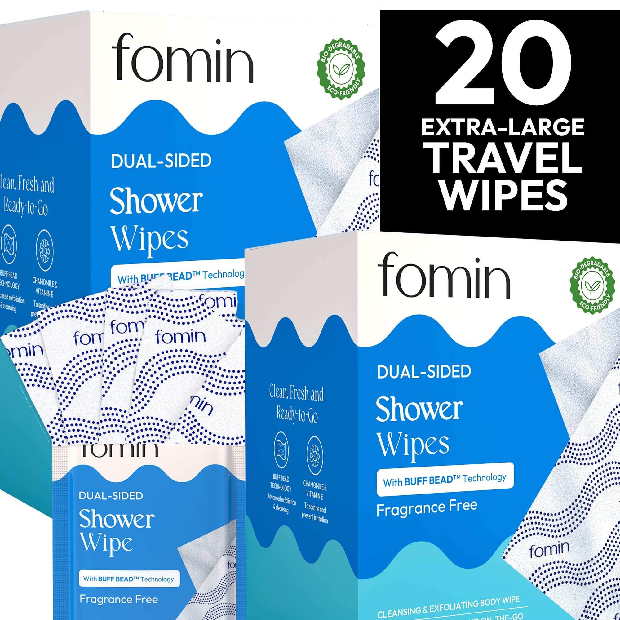 FOMINTravel Shower Wipes - 20 Pack - No Rinse XL Bathing Wipes with Vitamin E - Fragrance-Free Full Body Wipes for Adults - Individually Wrapped Waterless Bath Wipes for Hygiene, Camping, & Gym