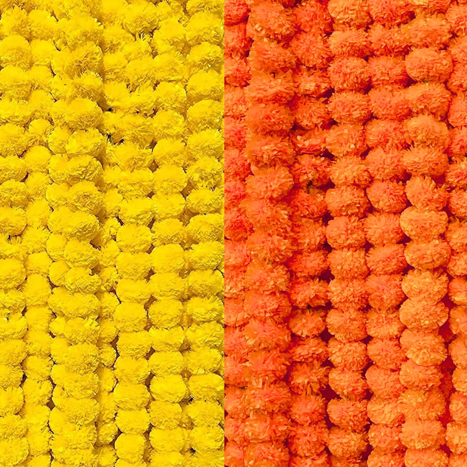 DRYPHON Artificial Marigold Garlands, Diwali & Pooja Room Decorations - Pack of 10 (5 Dark Orange, 5 Yellow)