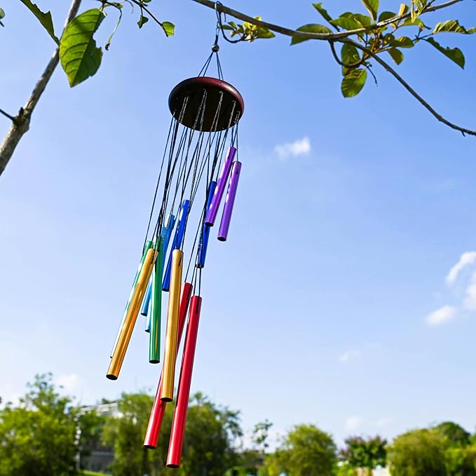 Overall, these outdoor colorful wind chimes with 12 aluminum tubes are a stylish and functional addition to any outdoor space. With their durable construction and vibrant design, they are the perfect way to add a touch of charm and relaxation to your garden, patio, balcony, or home decor. Enjoy the soothing melodies created by the wind as it dances through the chimes, creating a peaceful ambiance in your outdoor oasis. Description by ChatGPT.