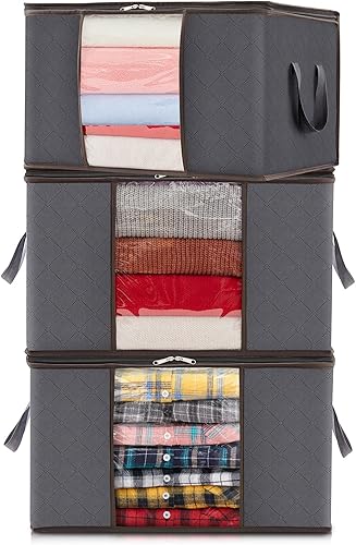 Lifewit Paquete de 3 bolsas de almacenamiento de ropa, cubos de almacenamiento para ropa, mantas, edredones, almacenamiento de ropa plegable con asa