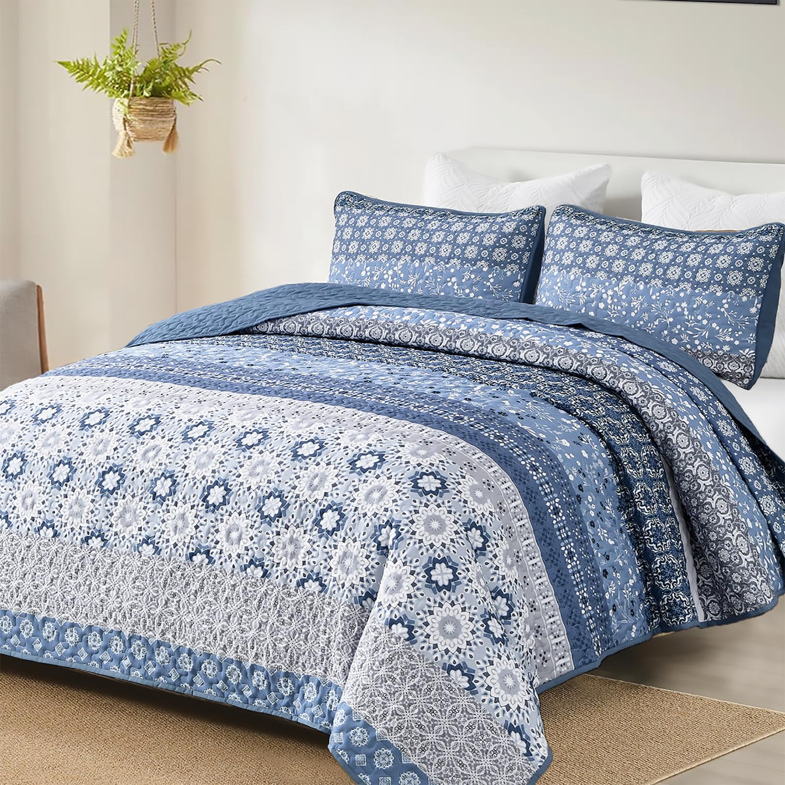 WONGS BEDDING Boho Quilt Set King, Blue Bohemian Striped Patchwork Summer Bedspread Coverlet Set with 2 Pillowcases,Lightweight Microfiber Floral Bedding Set 104"×90"