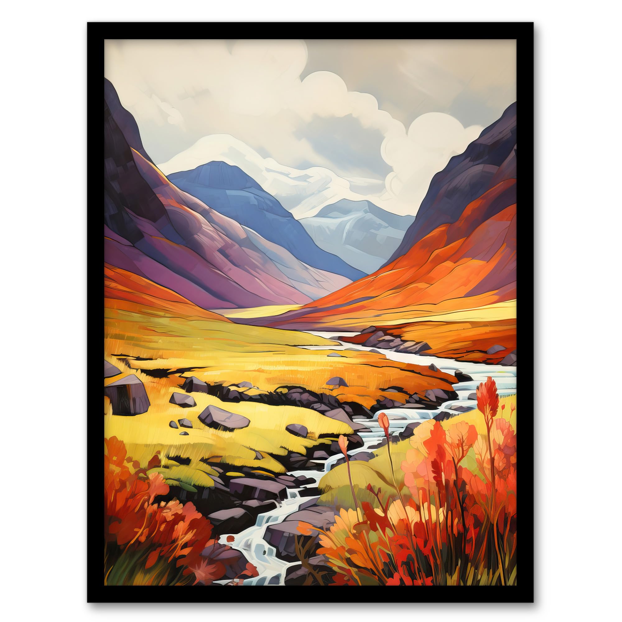 Artery8 Scotland Glencoe Valley Vibrant Oil Painting Majestic Mountains And River With Heather Shrubs Artwork Framed Wall Art Print 18X24 Inch