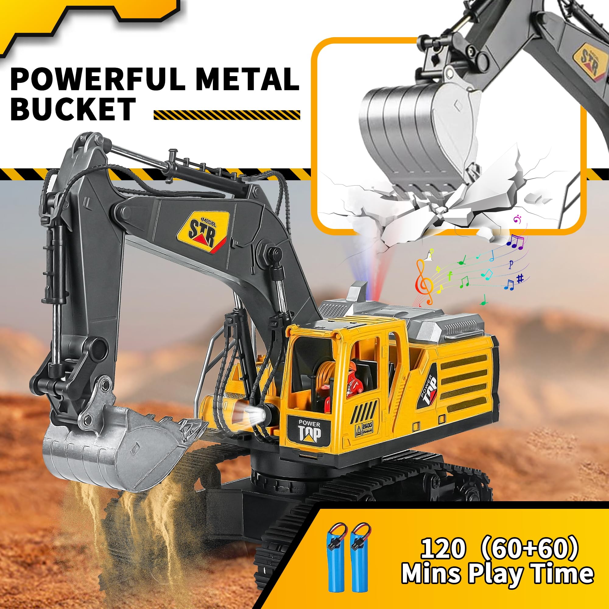 Juguete de excavadora teledirigida para niños, 14 canales, 2,4 GHz, excavadora RC, pala de metal con tono de luz de aerosol, juguete Rc BAU rotación de 680 ° para regalo para niños