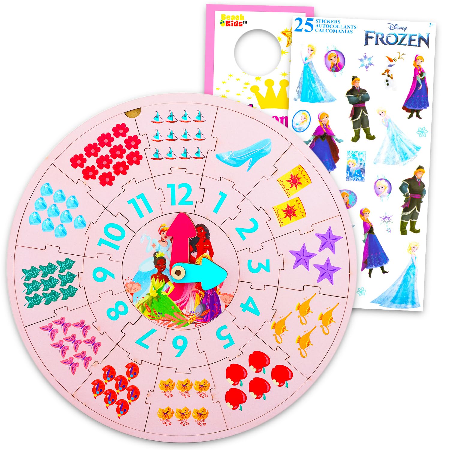Disney Princess Clock Puzzle Sorting Game for Toddlers, Girls - Learning Toy Bundle with Moana Wooden Clock, Stickers, More | Disney Princess Time Telling Teaching Wood Toys