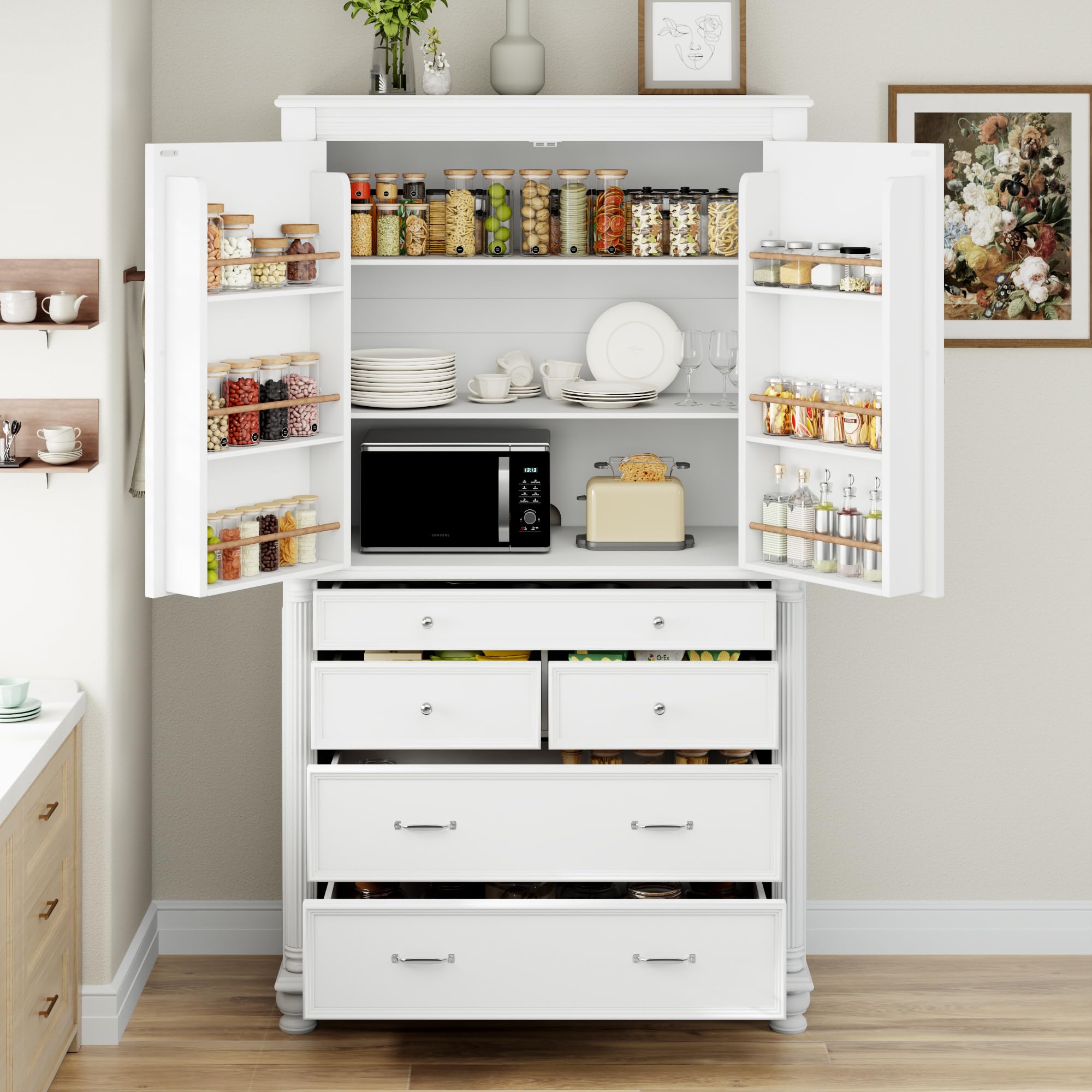 77.3 inch Tall Kitchen Pantry Cabinet with 6 Door Shelves and 2 Adjustable Shelves, Wooden Storage Cabinet Cupboard with 6 Drawers for Kitchen, Dining (White-83)