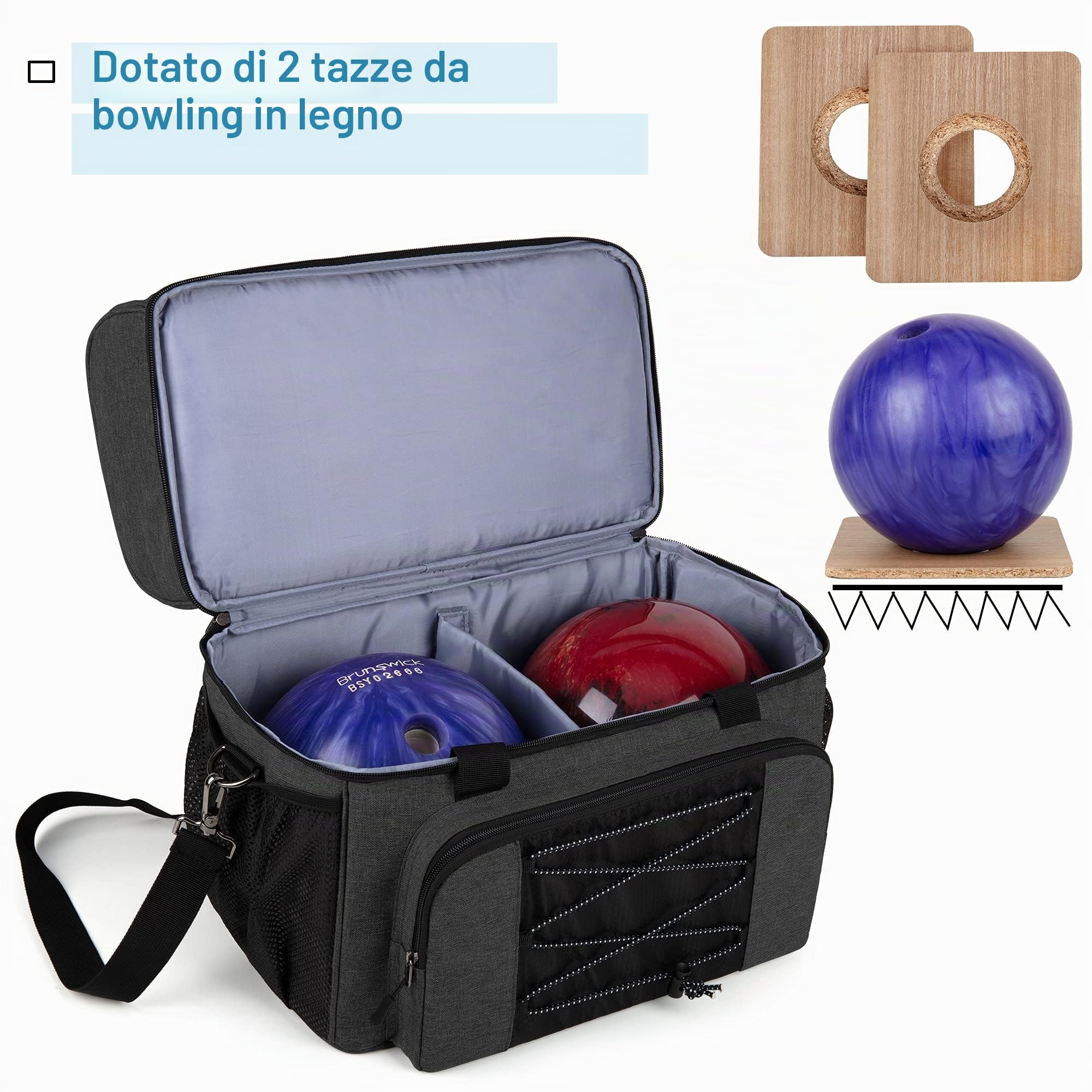 DSLEAF Borsa da bowling per 2 palline con tazze da bowling in legno e divisorio imbottito per doppia palla, solo borsa (design brevettato)
