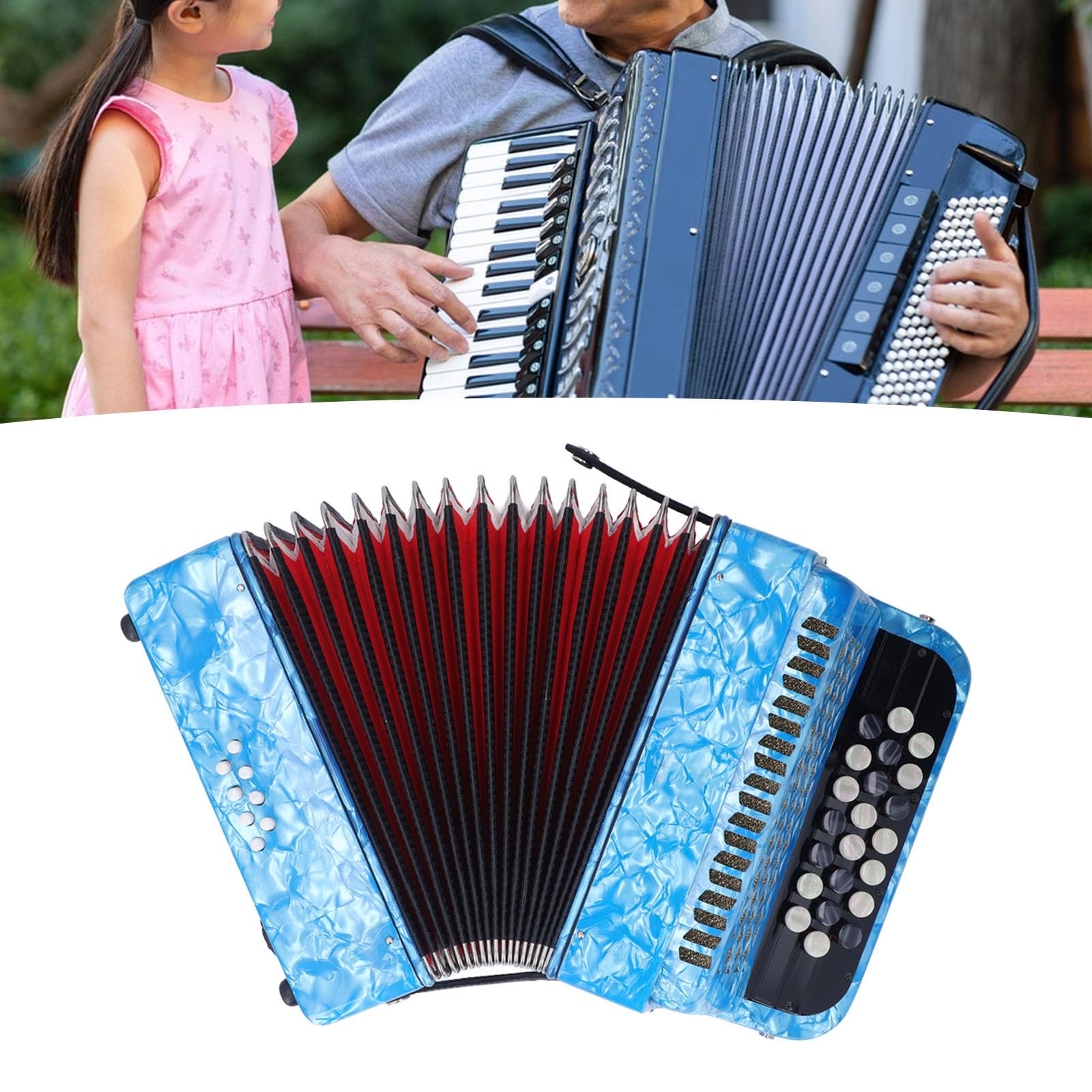 Pyhodi 22 Key 8 Bass Professional Accordion, Anti Slip Button Sensitive Accordion Musical Instruments with Strap, Entry Level Piano Accordion for Professional Performances (Sky Blue)