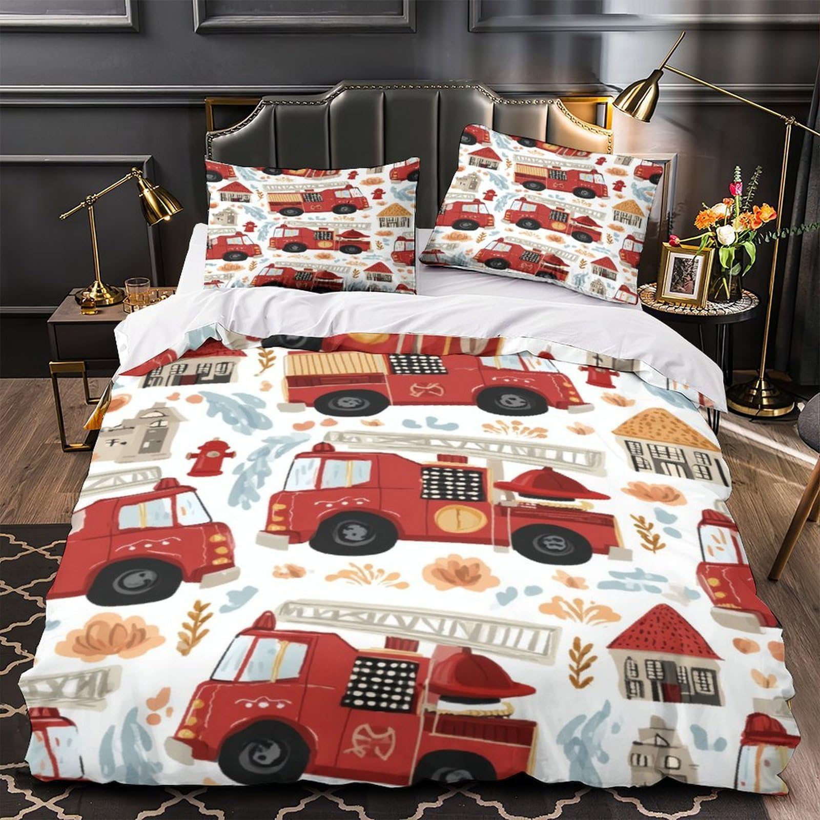 Housse de couette enfant camion de pompiers 135x200cm doux