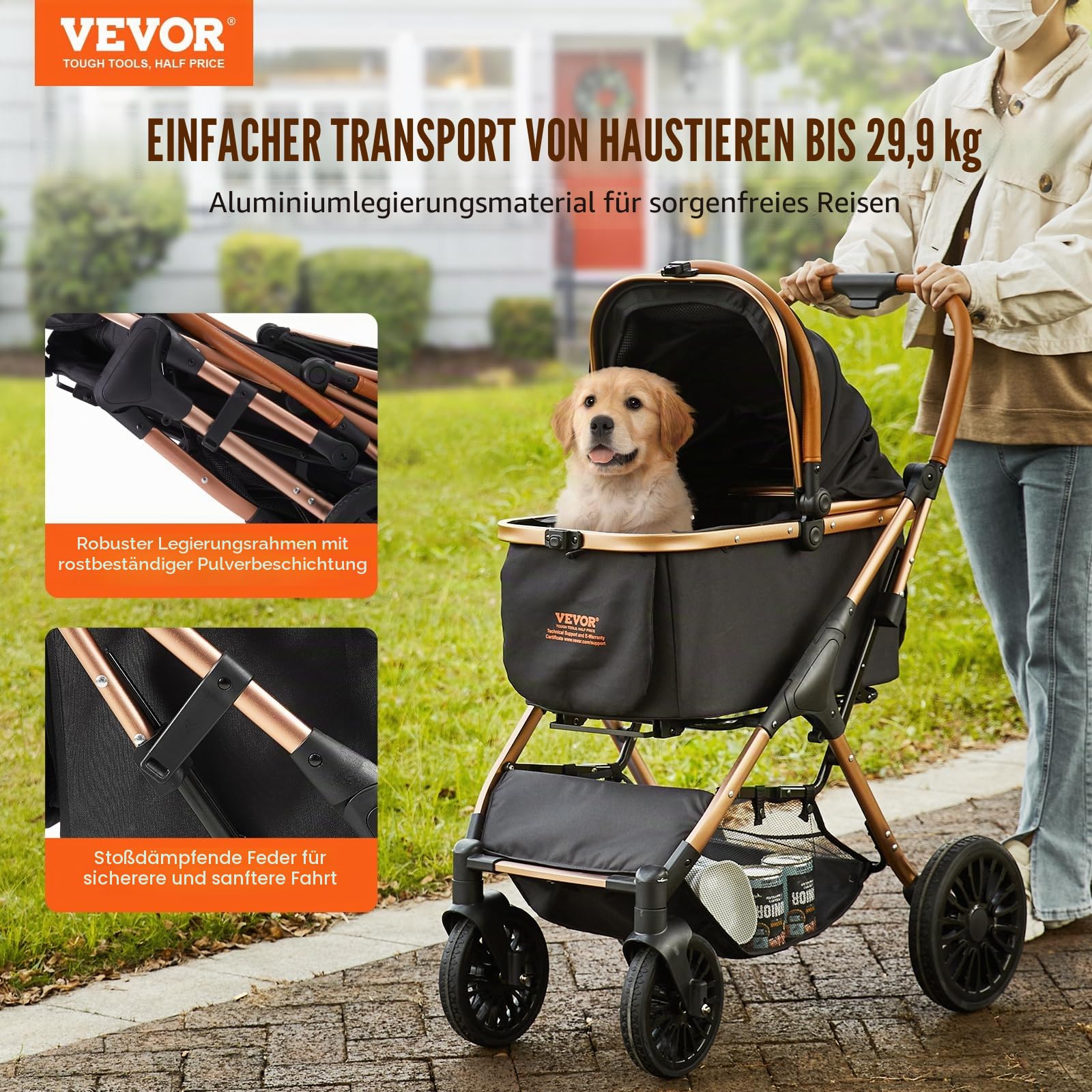VEVOR Hundebuggy 59x85x105cm Hundewagen 30kg Tragfähigkeit Faltbarer Hundetrolley Aluminium-Rahmen 800D Oxford-Gewebe Nylon-Netzfenster 4 PU-Räder Hundebox Tierbuggy Katzenbuggy Haustier Transport