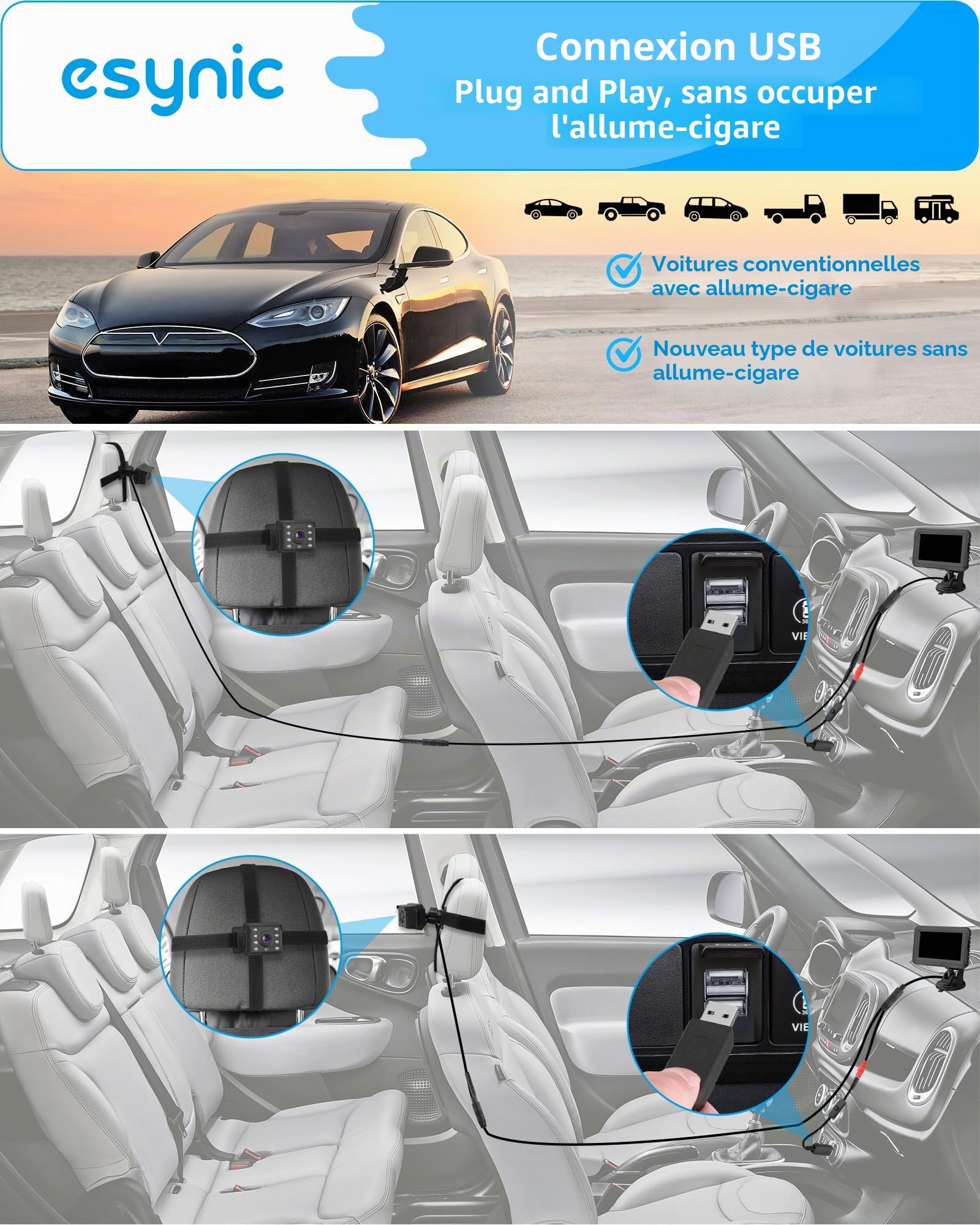 eSynic Miroir Voiture Bébé HD 1080P Rotation à 360 Retroviseur Voiture Bebe avec Lampe Infrarouge de Vision Nocturne Support Adhésif Solide Miroirs Auto Bébés Alimentation par USB Installation Facile