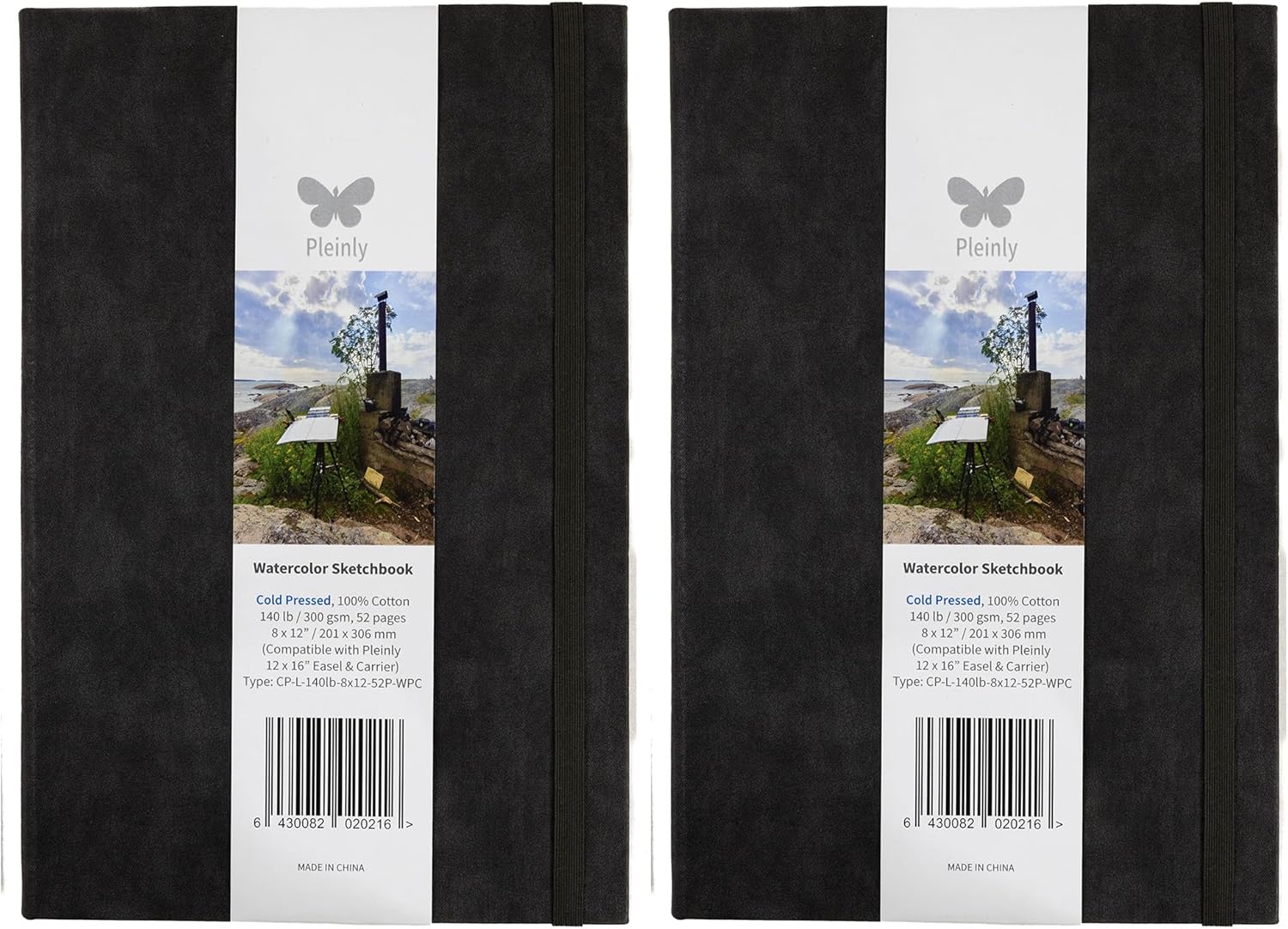 Pleinly 100% Cotton Watercolor Sketchbook Journals – 2 Pack Cold Press, 8x12” Large, 140lb (300gsm), 26 Sheets Each, Portrait, Type-L Paper with Internal & External Sizing, Hard Cover, Lay Flat