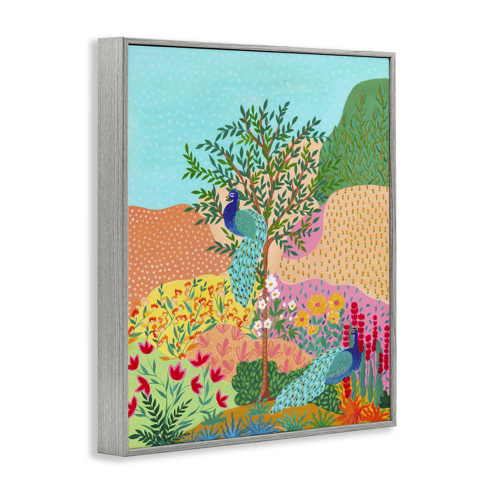 Stupell Industries Nabeela Rumi - Pavos reales en prado punteado, arte giclée enmarcado, gris, 11 x 14 pulgadas, fácil de colgar y resistente, fabricado en Estados Unidos, por Nabeela Rumi