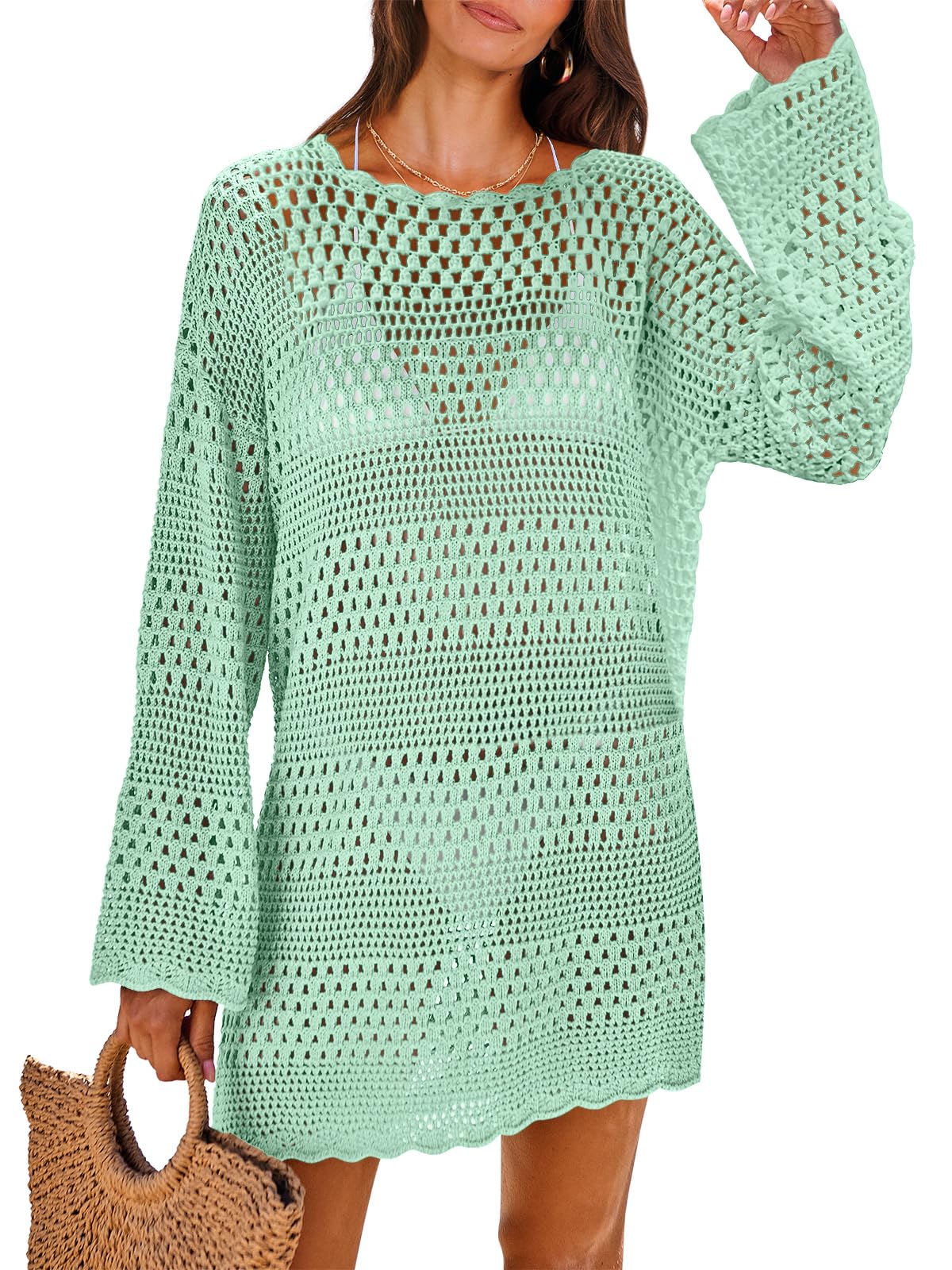 ANRABESS Women Swimsuit Cover Up Beach Crochet Bathing Suit Mini Dress