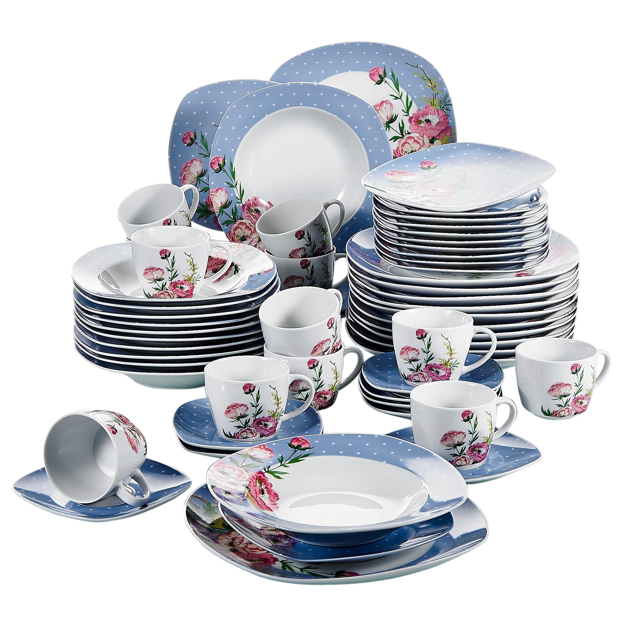 VEWEET 60-częściowy serwis stołowy z porcelany, seria "Hannah" dla 12 osób, serwis do kawy