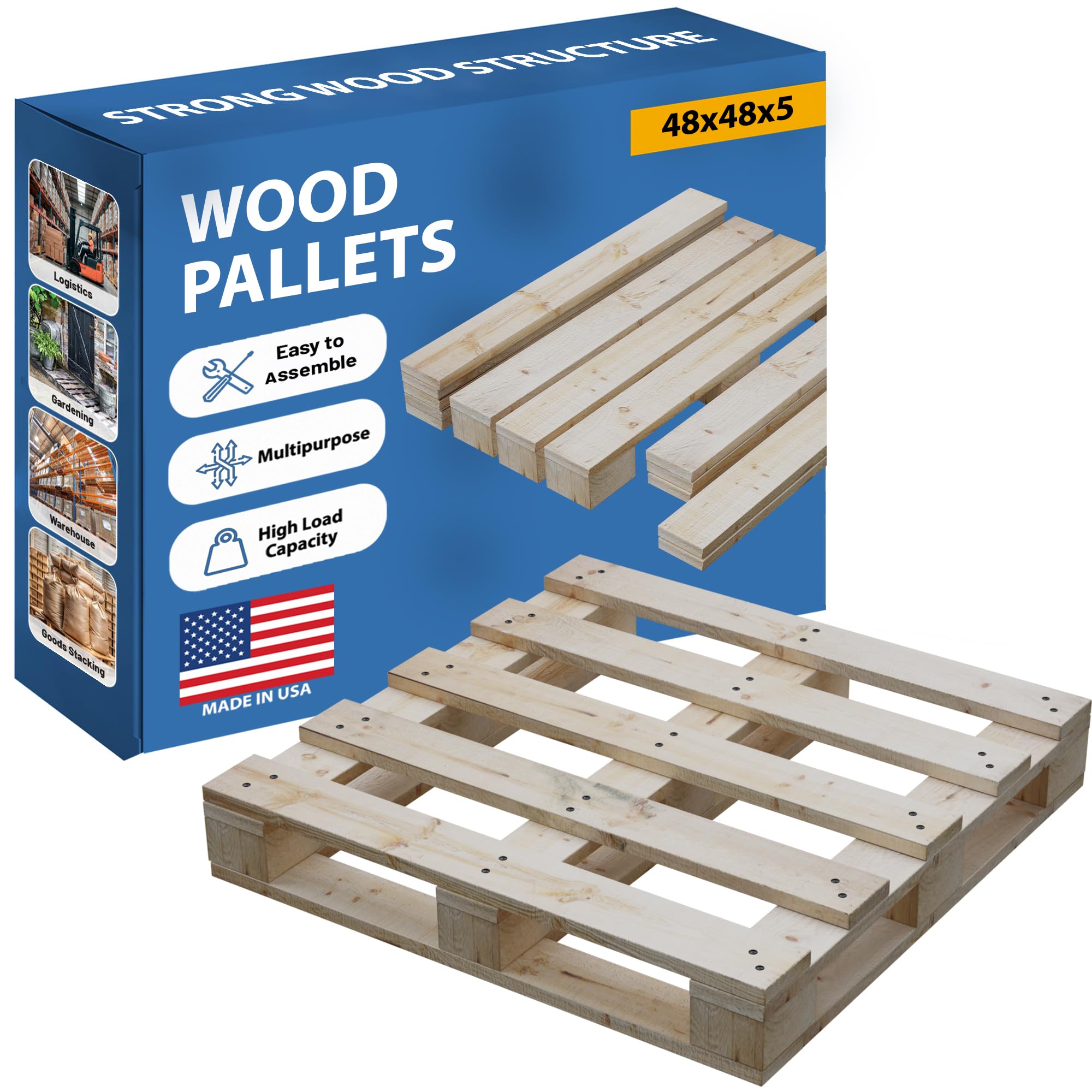 Greaton, 48x48x5 Wooden Pallet Kit, Heavy-Duty Industrial Grade Pinewood, Unassembled Flat-Pack, Stackable & Reusable, Lightweight Floor Pallet,
