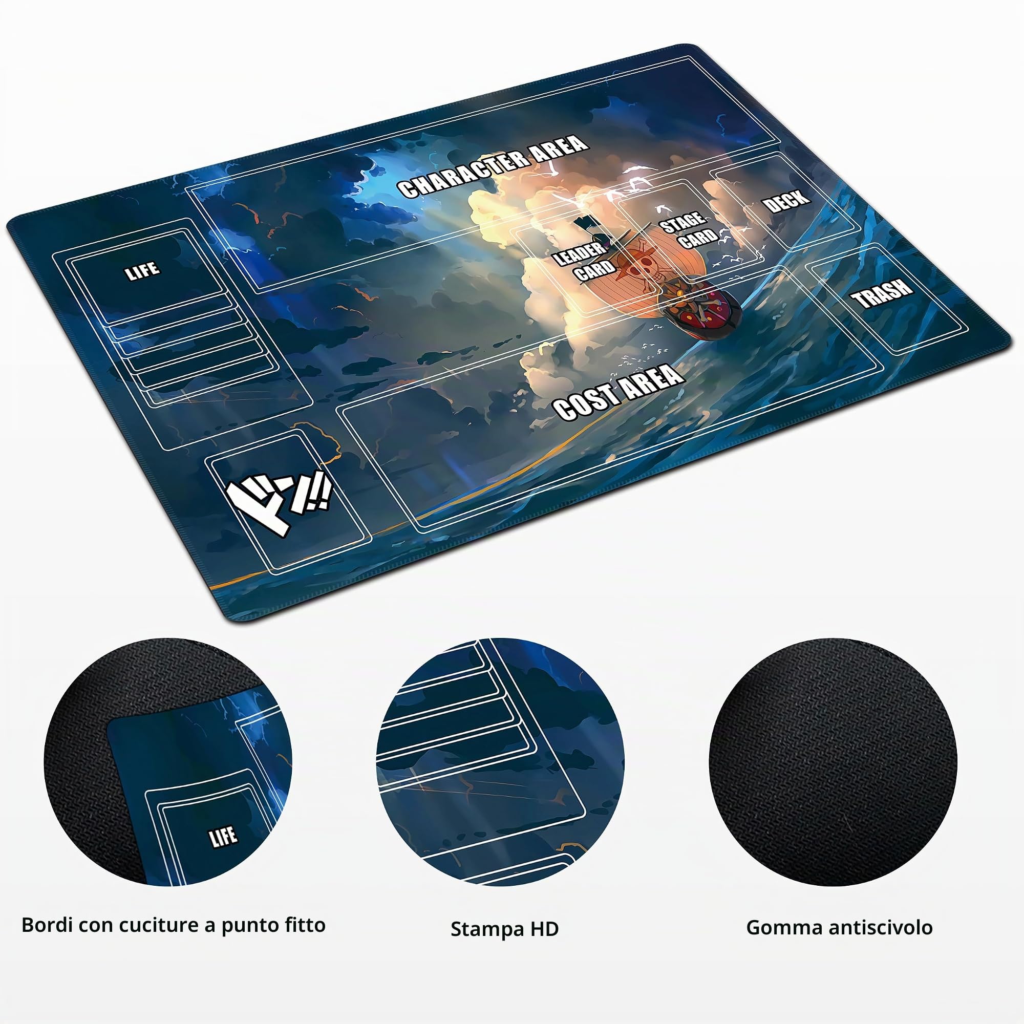 Tappetino da gioco per gioco di carte One Piece (61 x 35 cm) con gomma antiscivolo, design a zone, custodia professionale inclusa, più un set di 20 contatori danni (barca d'onda)