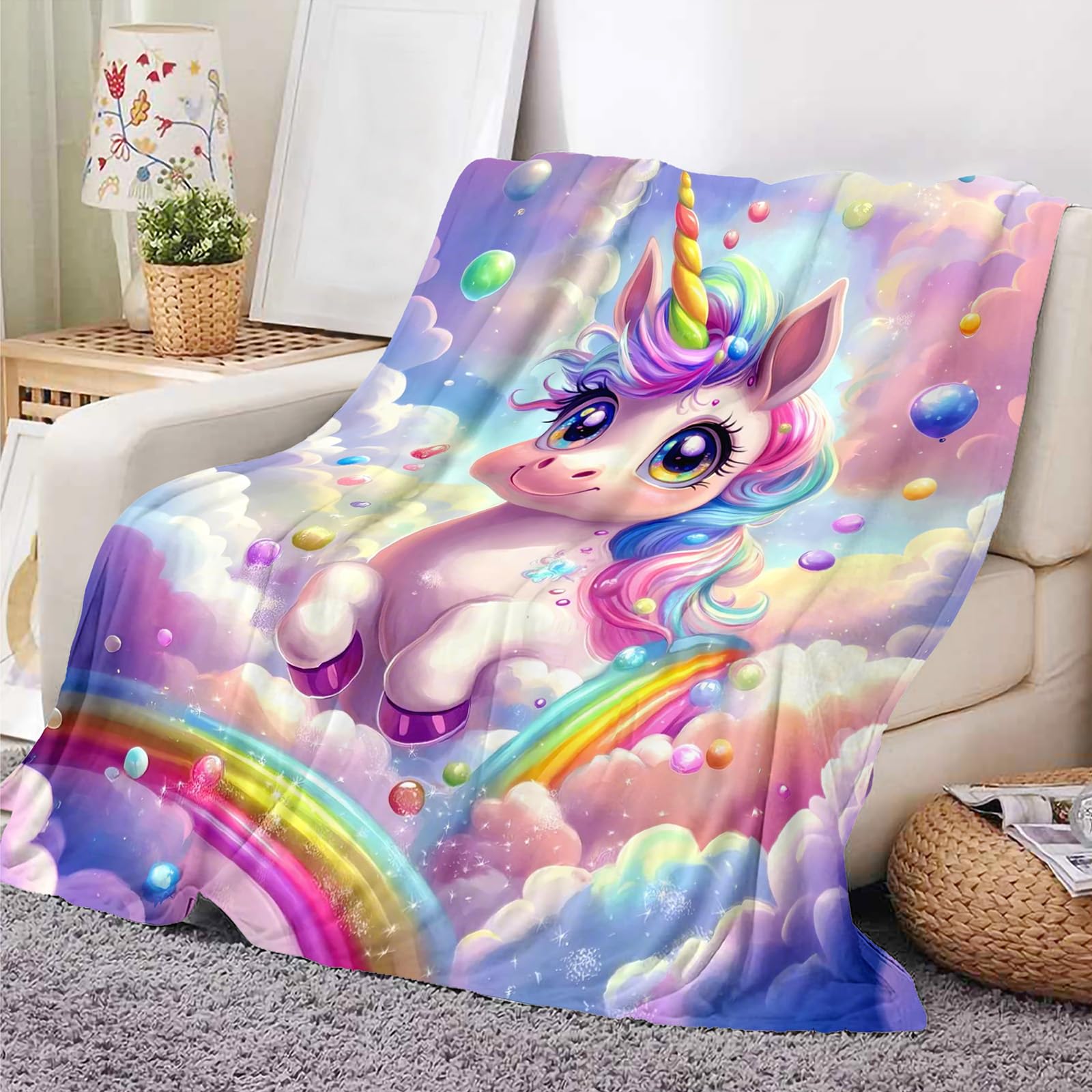 Einhorn Decke Kinder Kuscheldecke für Mädchen, Flanell Kinderdecke, Sofadecke, Kuscheldecke Einhorn mit Bunte Wolken, 150 * 200cm