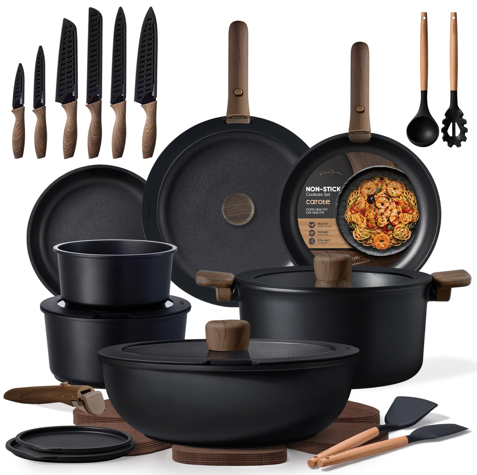 CAROTE 38pcs Pots and Pans Set Non Stick, Cookware Set Detachable Handle | Knife Set, Induction Compatible, Dishwasher & Oven Safe, Space Saving, Camping Cooking Set, Kitchen Set, Black