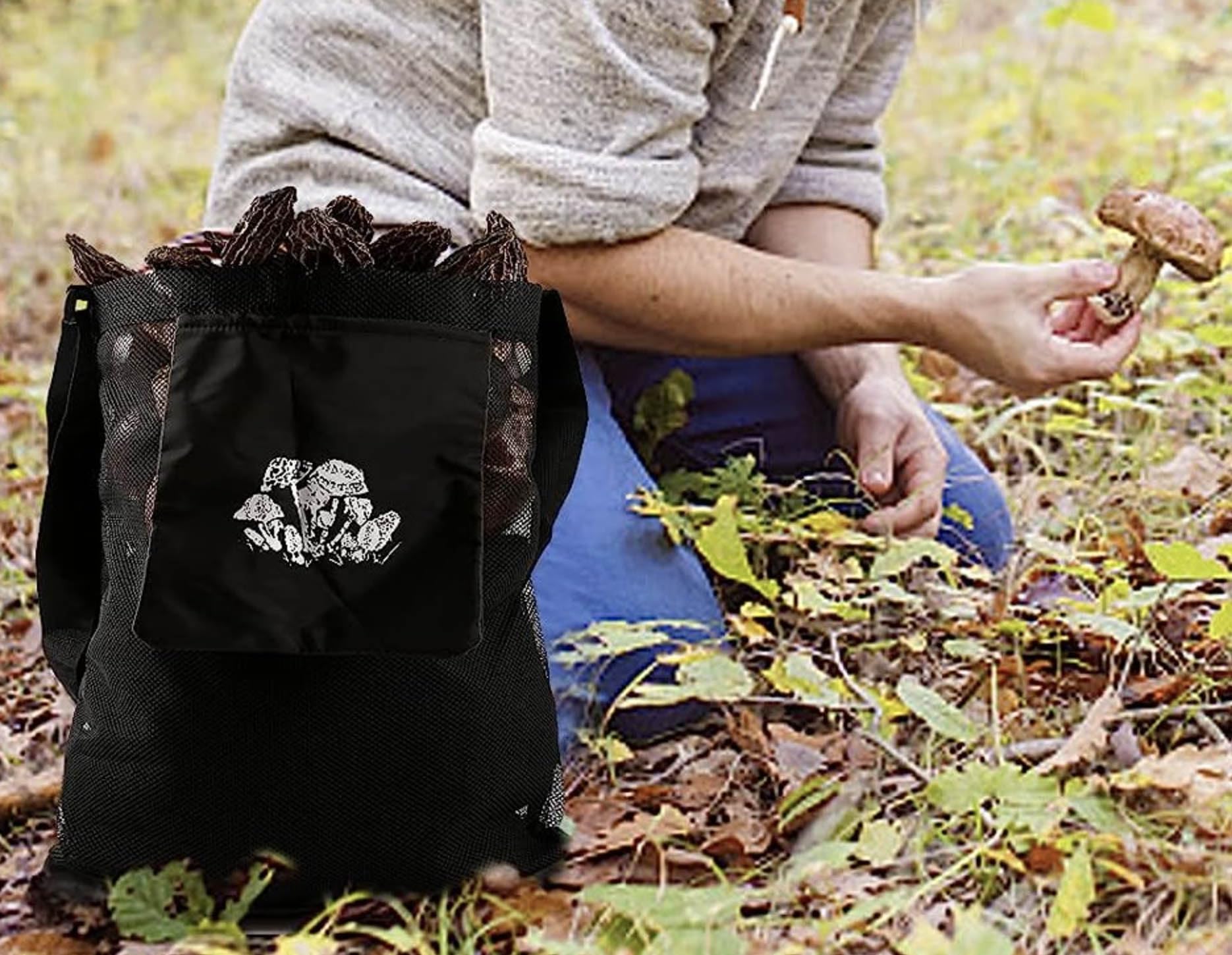 Borsa per la raccolta dei funghi in Nylon 42x36 cm pieghevole a rete con cinghia regolabile