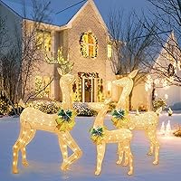 Lighted Christmas Reindeer, 3 Pieces Light Up Deer Decoration, LED Twinkling Reindeer Family Set, Illuminated Reindeer...
