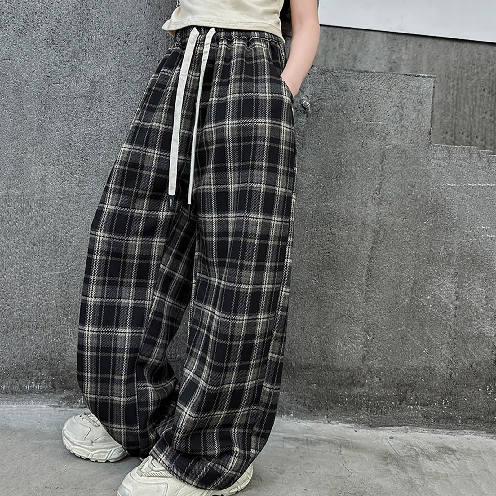 Pantaloni foderati in pile per ragazze, a quadri, larghi, comodi, morbidi, caldi, invernali, casual, eleganti, per la scuola