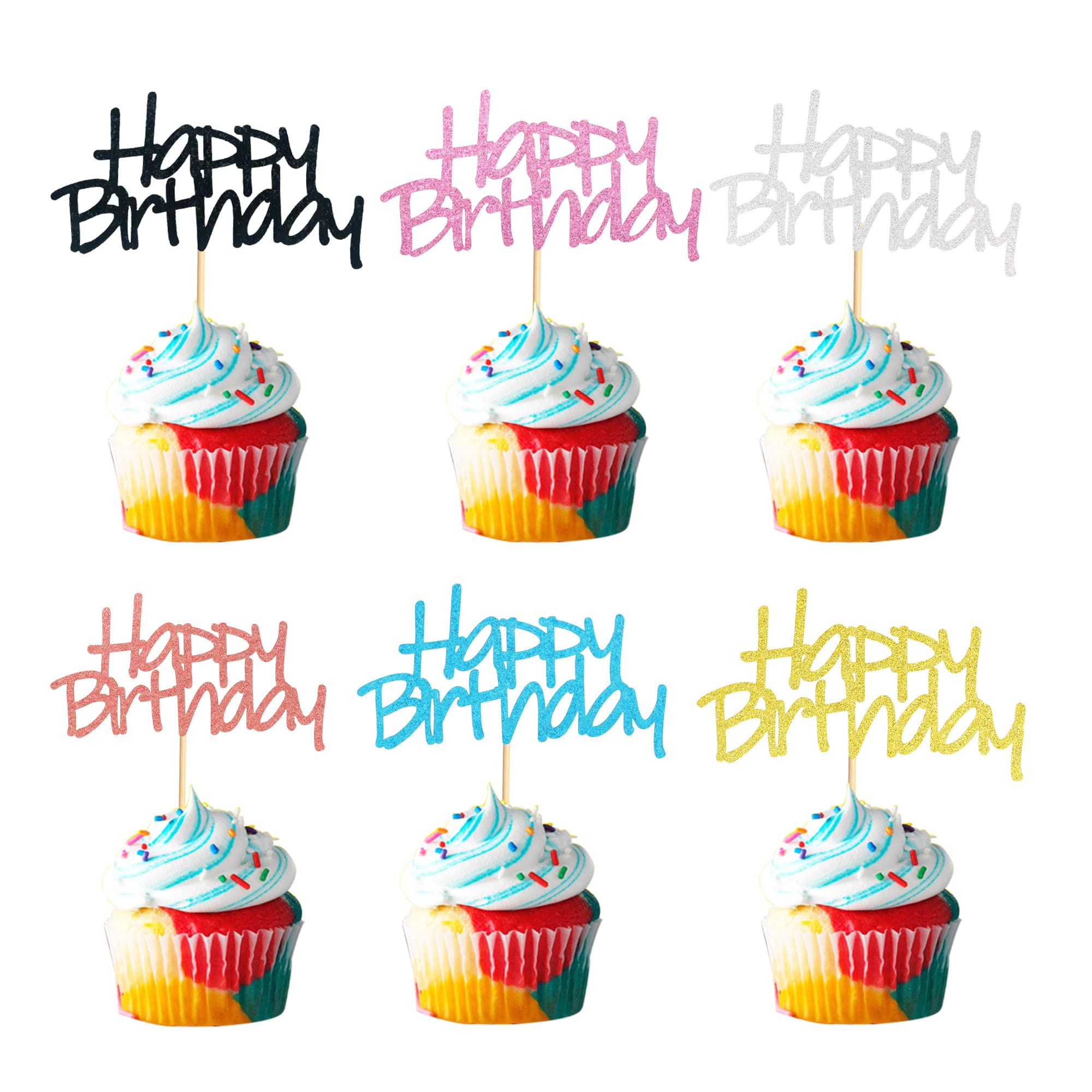 Arthsdite 24pcs Happy Birthday Cupcake Toppers 6 Colors Mixed Cake Food Fruit Picks for Celebrating Birthday Party Decoration Supplies