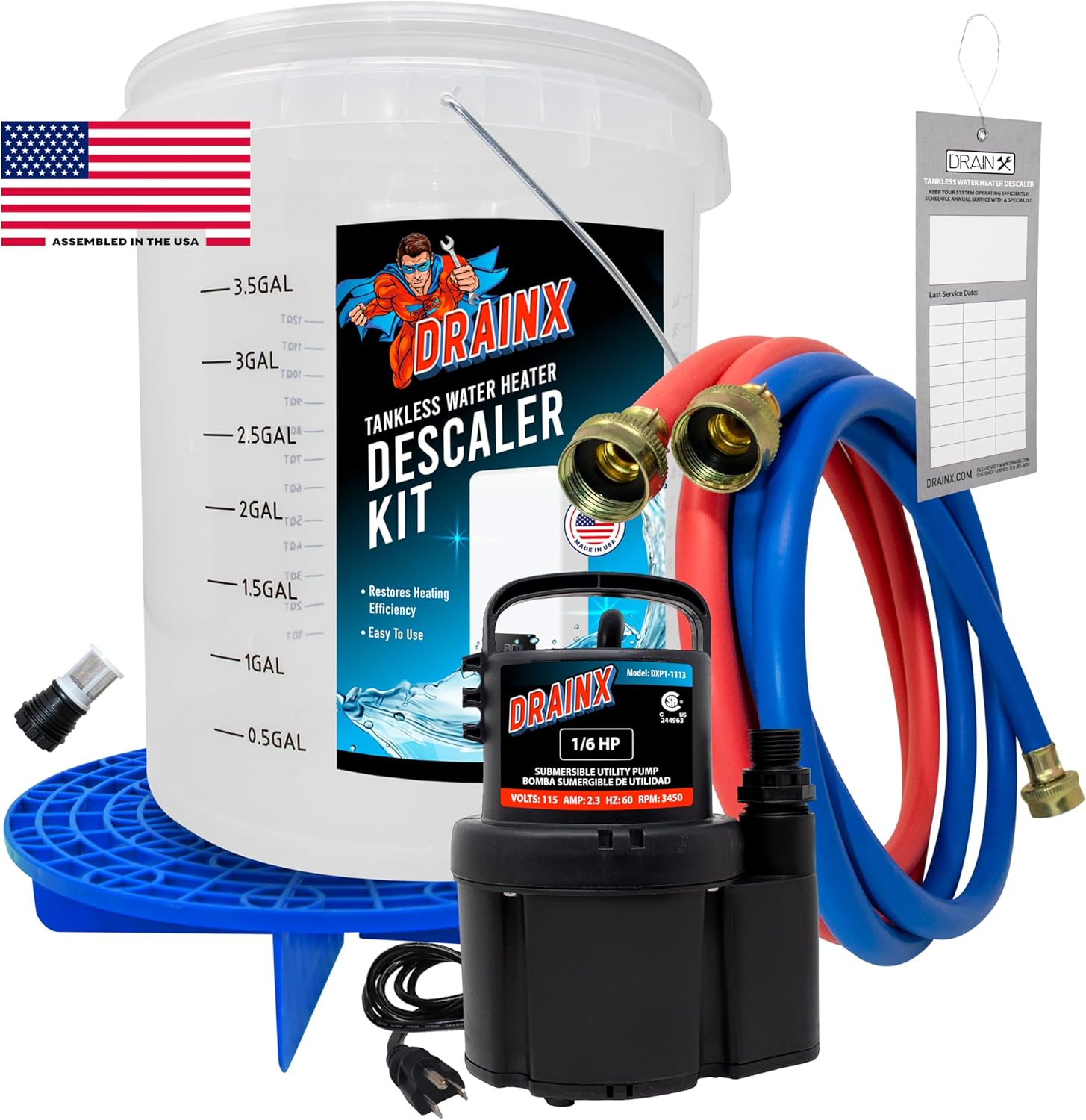 DrainX Tankless Water Heater Flushing Kit with Pump, Hoses, Bucket, Maintenance Log, and Replacement Filter for Rinnai Systems – Just Add Vinegar or our Own Descaler