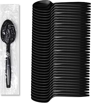 Progress Plastic Cutlery Individually Wrapped Spoons Heavy Duty Disposable [1000 Count- Bulk ] Strong & Durable Black for BBQ Party Supplies Restaurants Office all events Plasticware Disposable Spoons