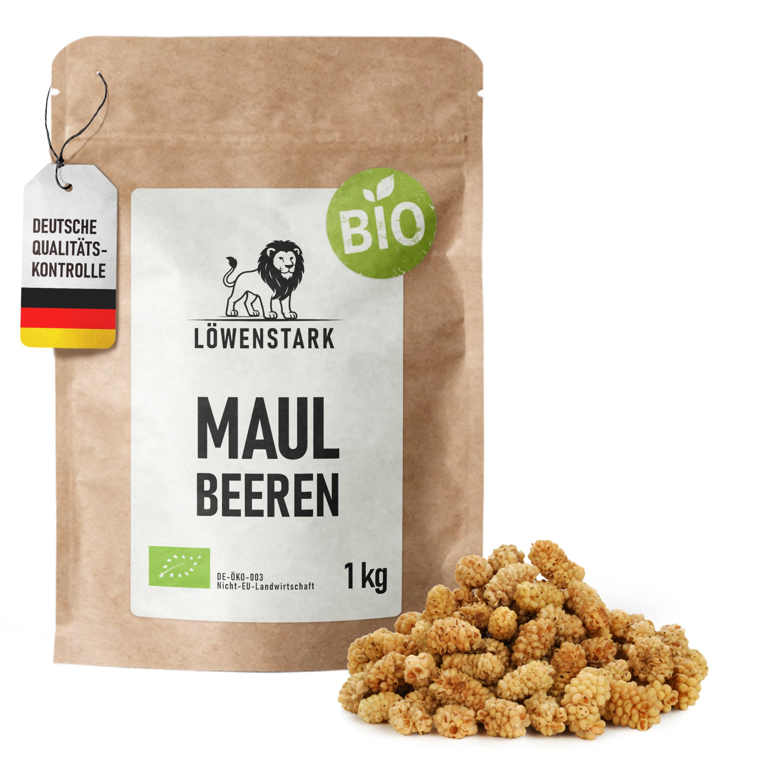 Löwenstark I Maulbeeren BIO 1 kg I Sonnengetrocknete Bio-Maulbeeren mit süßem Geschmack I Beeren, ideal als Snack, zum Kochen, Backen, für Tee sowie für Nussmischungen I Vegane Trockenfrüchte