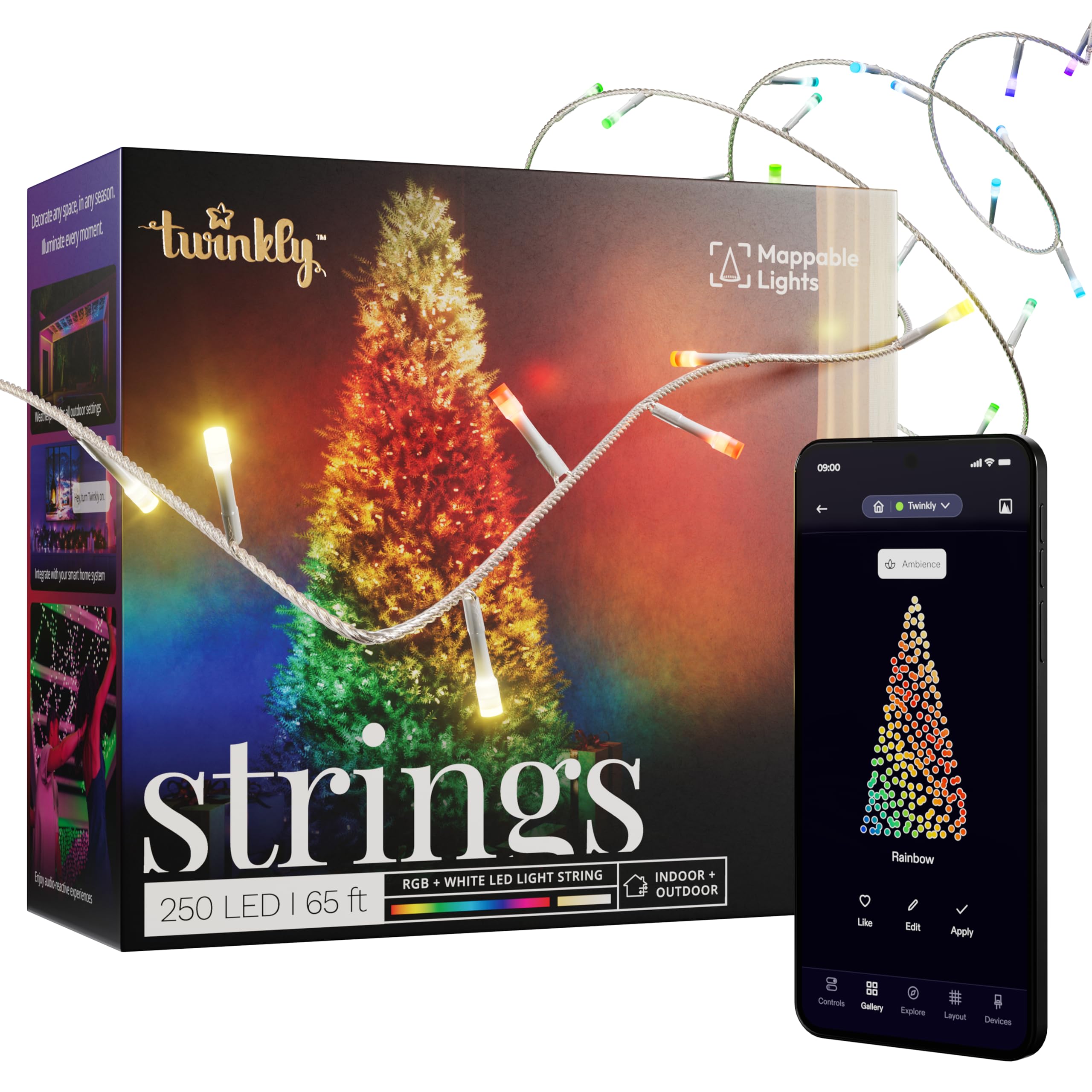 Twinkly Led Rgb+White Strings 250 Led Rgb+ White, Led Light String, In- And Outdoor Smart Multicolor Led Lights, Mappable Leds, Compatible With Alexa And Google Home, Ip44, Transparent Wire, 20M