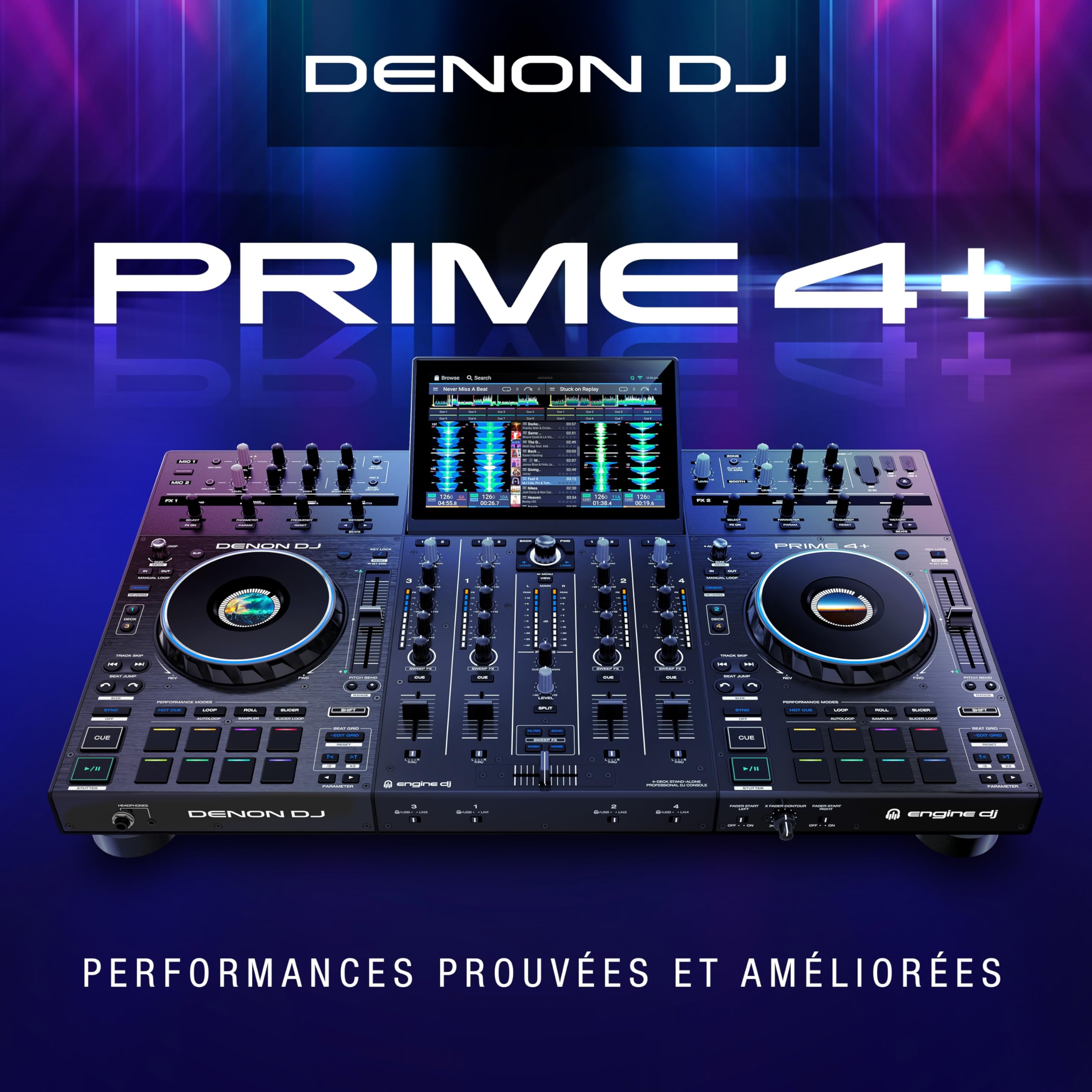 Denon DJ PRIME 4+ Contrôleur DJ Autonome avec Séparation Stem Sur 4 Platines, Streaming Wi-Fi, Drop Sampler, Écran Tactile 10.1", Contrôle Éclairage, Noir