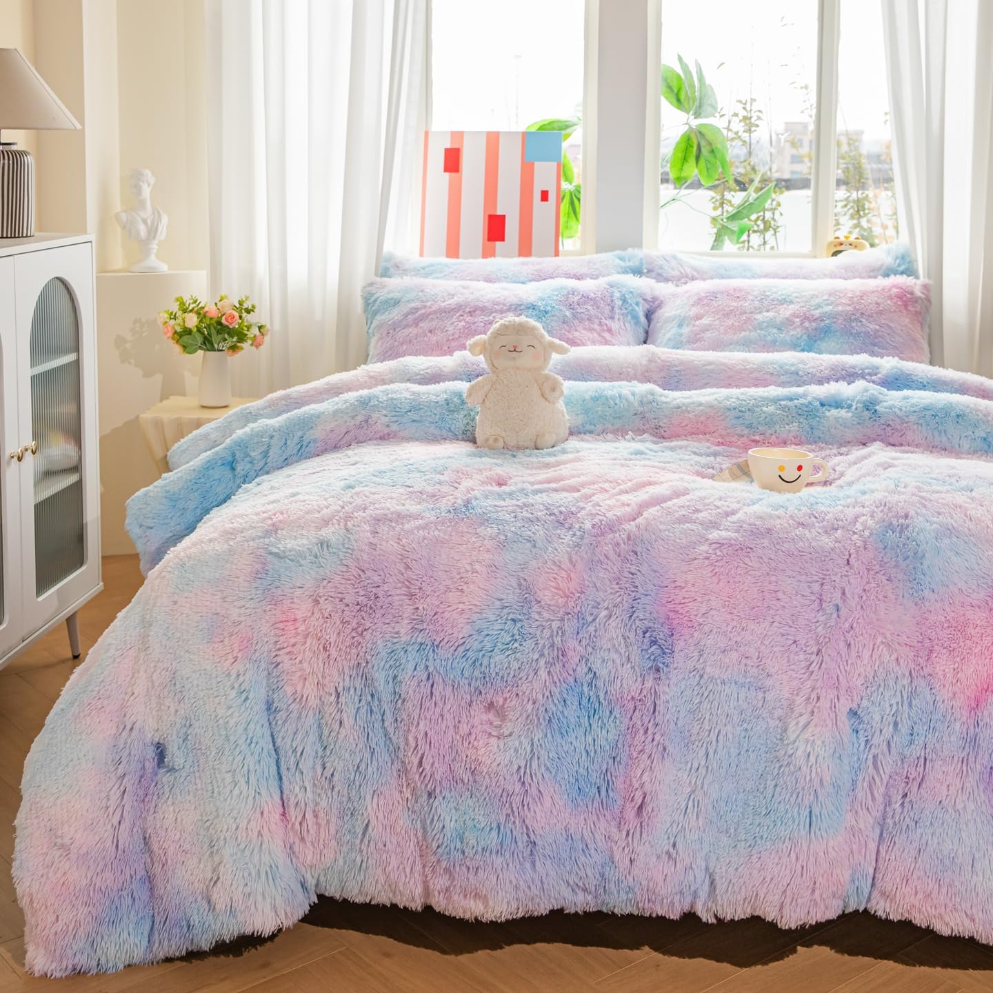 chovy Faux Fur Plush Tie-Dyed Blue Comforter Sets Twin/Full Size - Ultra Soft Shaggy Flannel Velvet Fluffy Fuzzy 3PC Bedding Set (Comforter x 1 Pillowcases x 2) - Image 2