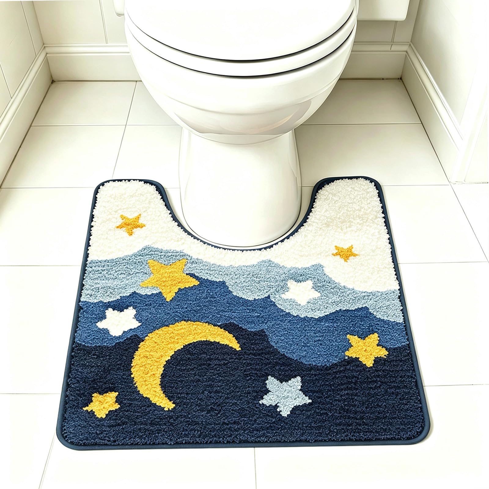 Dreamy Starry Clouds U-Shaped Toilet Mat, Night Sky Themed Non-Slip Bath Rug with Moon & Stars, Soft Absorbent Microfiber Floor Mat for Toilet Base, Machine Washable Bathroom Decor (Clouds-Toilet) — image 1